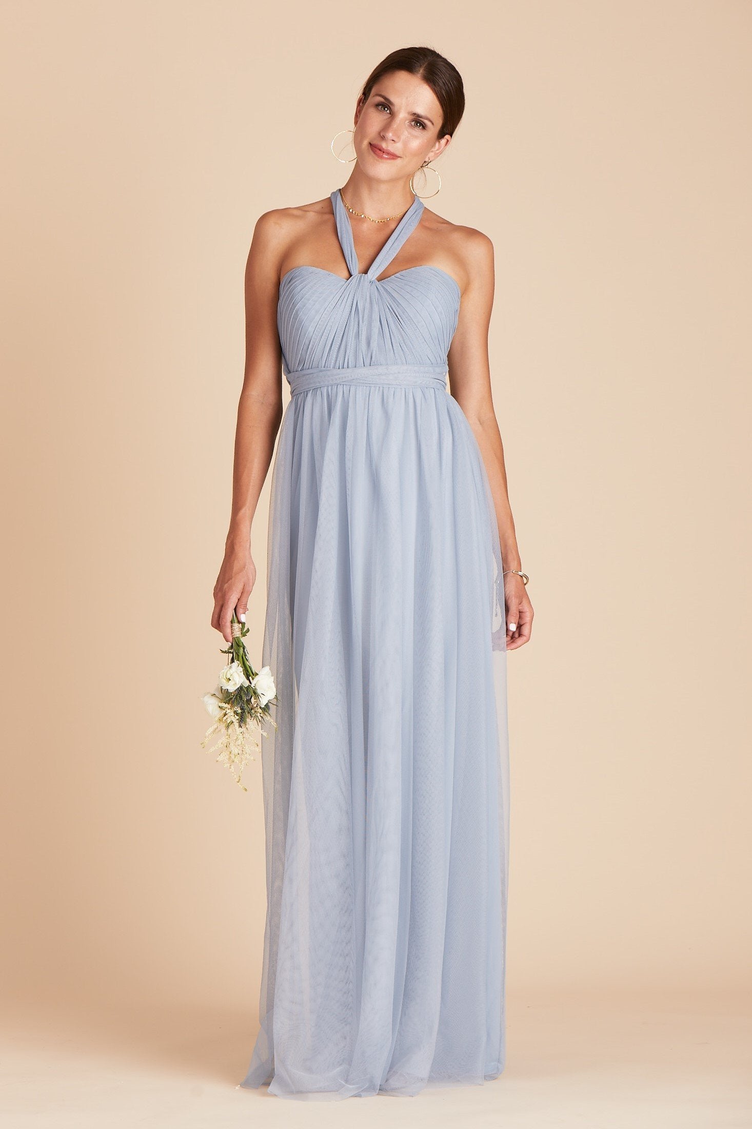 Christina convertible bridesmaid dress in dusty blue tulle by Birdy Grey, front view
