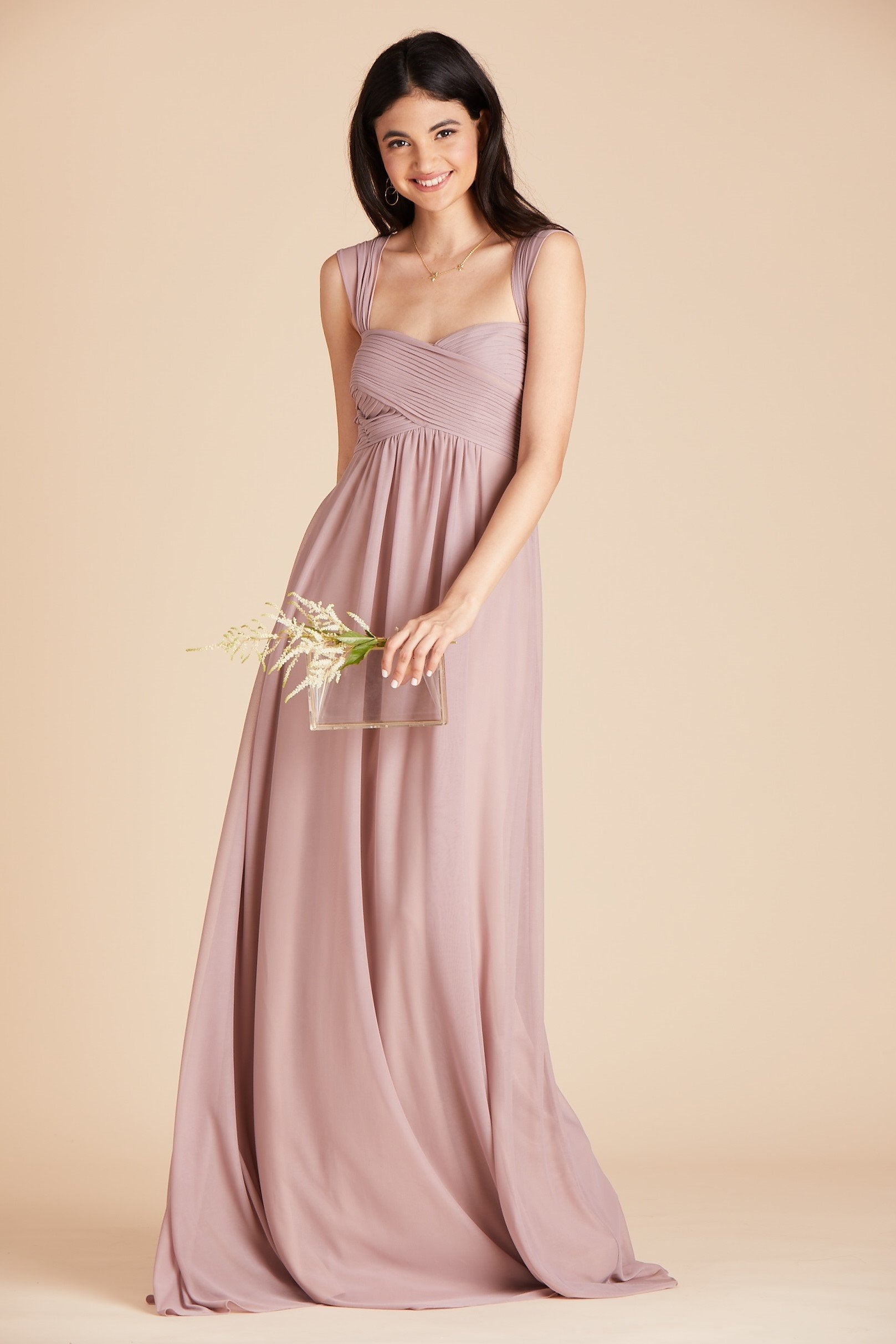 Maria convertible bridesmaids dress in mauve chiffon by Birdy Grey, front view