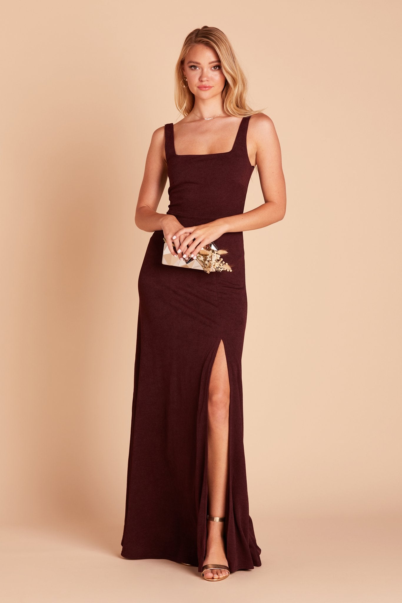Alex convertible bridesmaid dress with slit in cabernet burgundy by Birdy Grey, front view