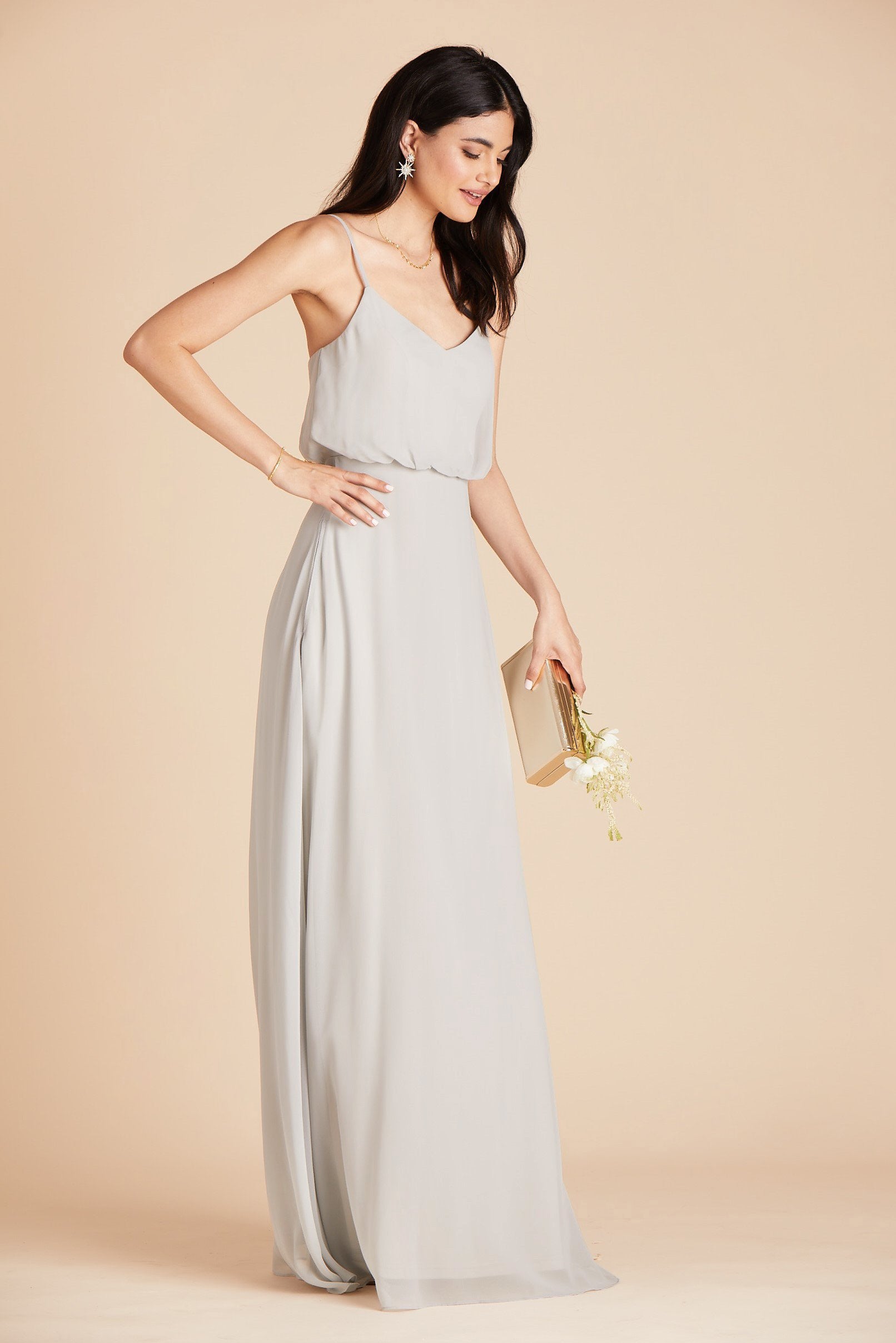 Gwennie bridesmaid dress in dove gray chiffon by Birdy Grey, side view