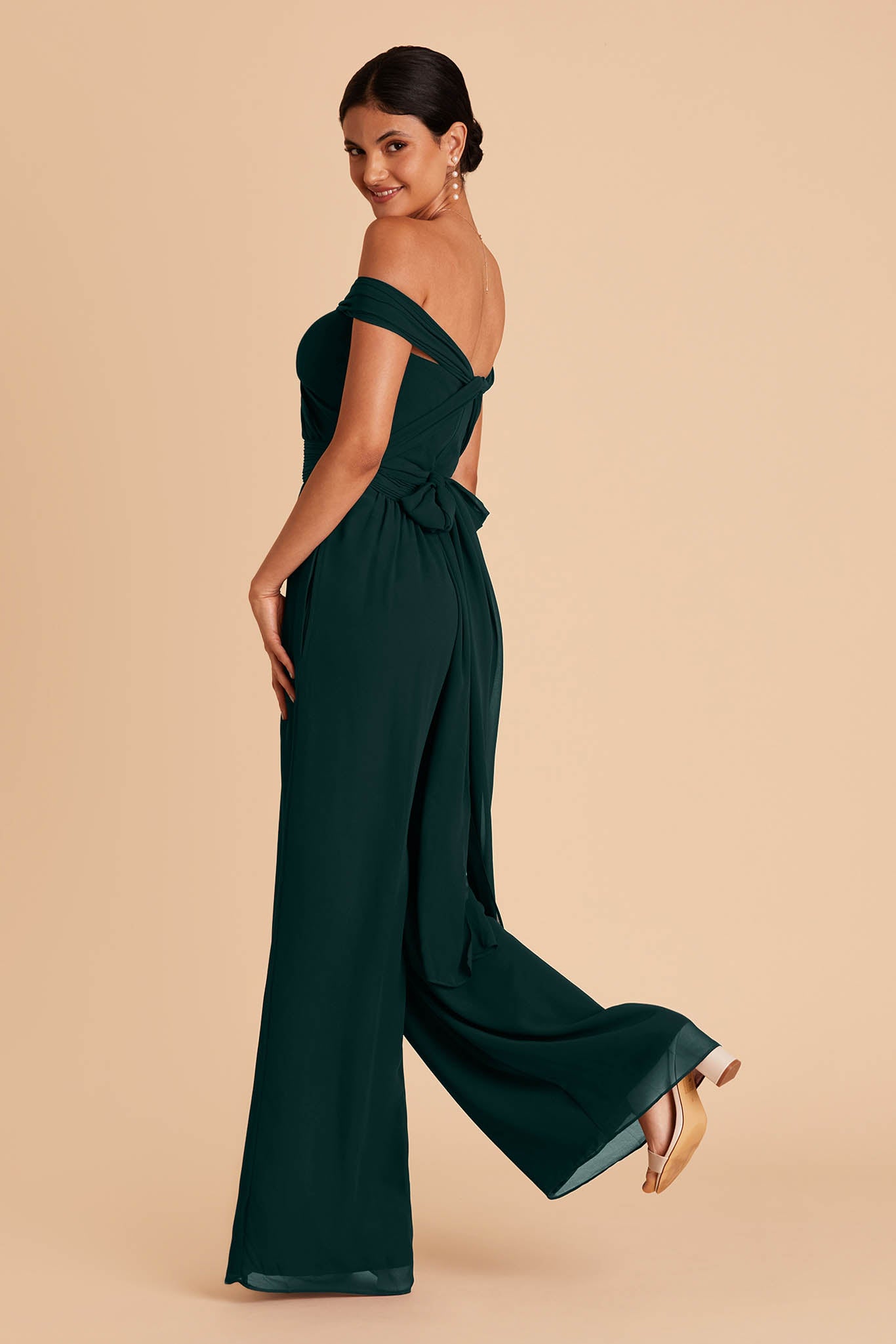 Dark green wedding jumpsuit with sweetheart bodice with convertible neckline and tie in the back