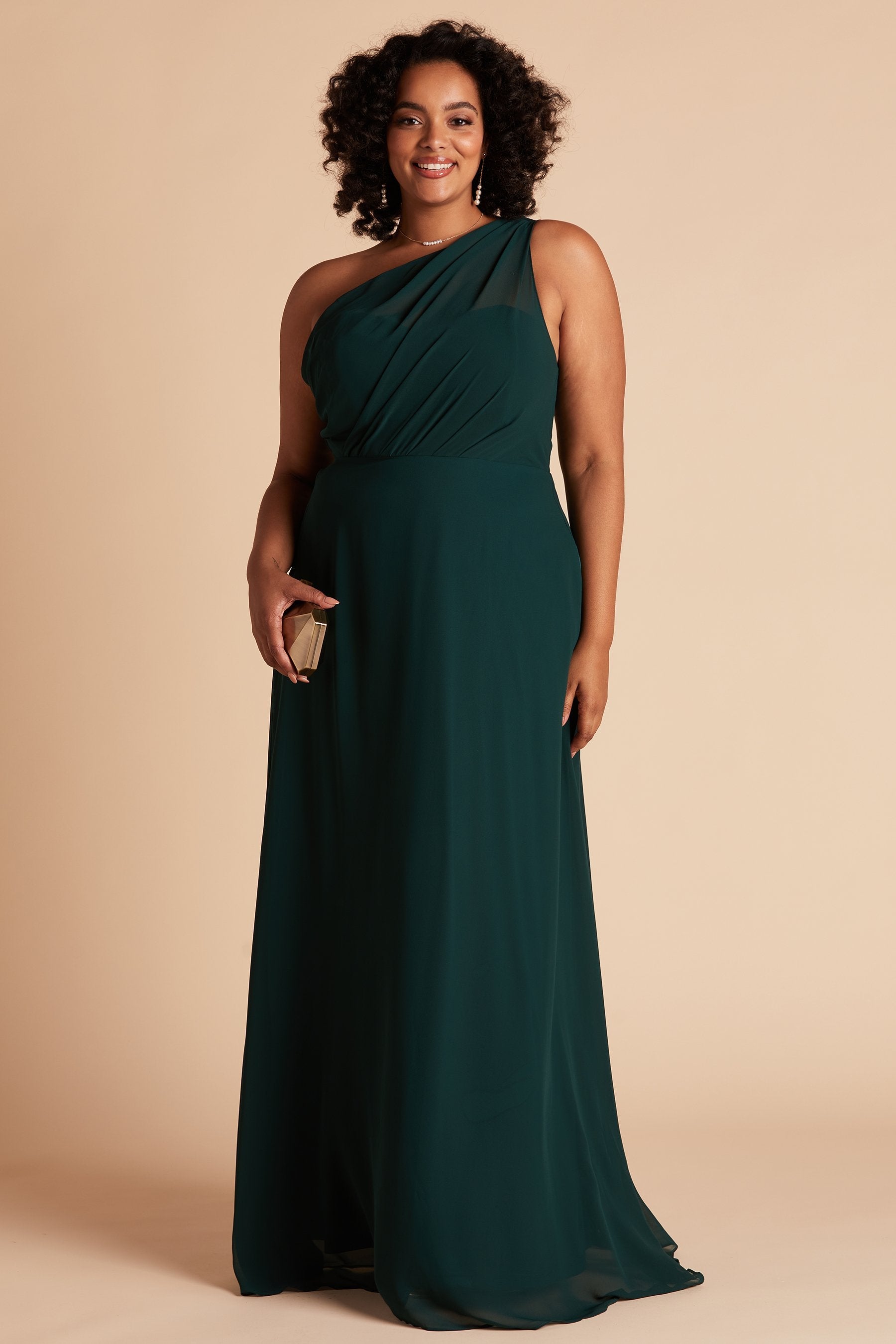 Kira plus size bridesmaid dress in emerald chiffon by Birdy Grey, front view
