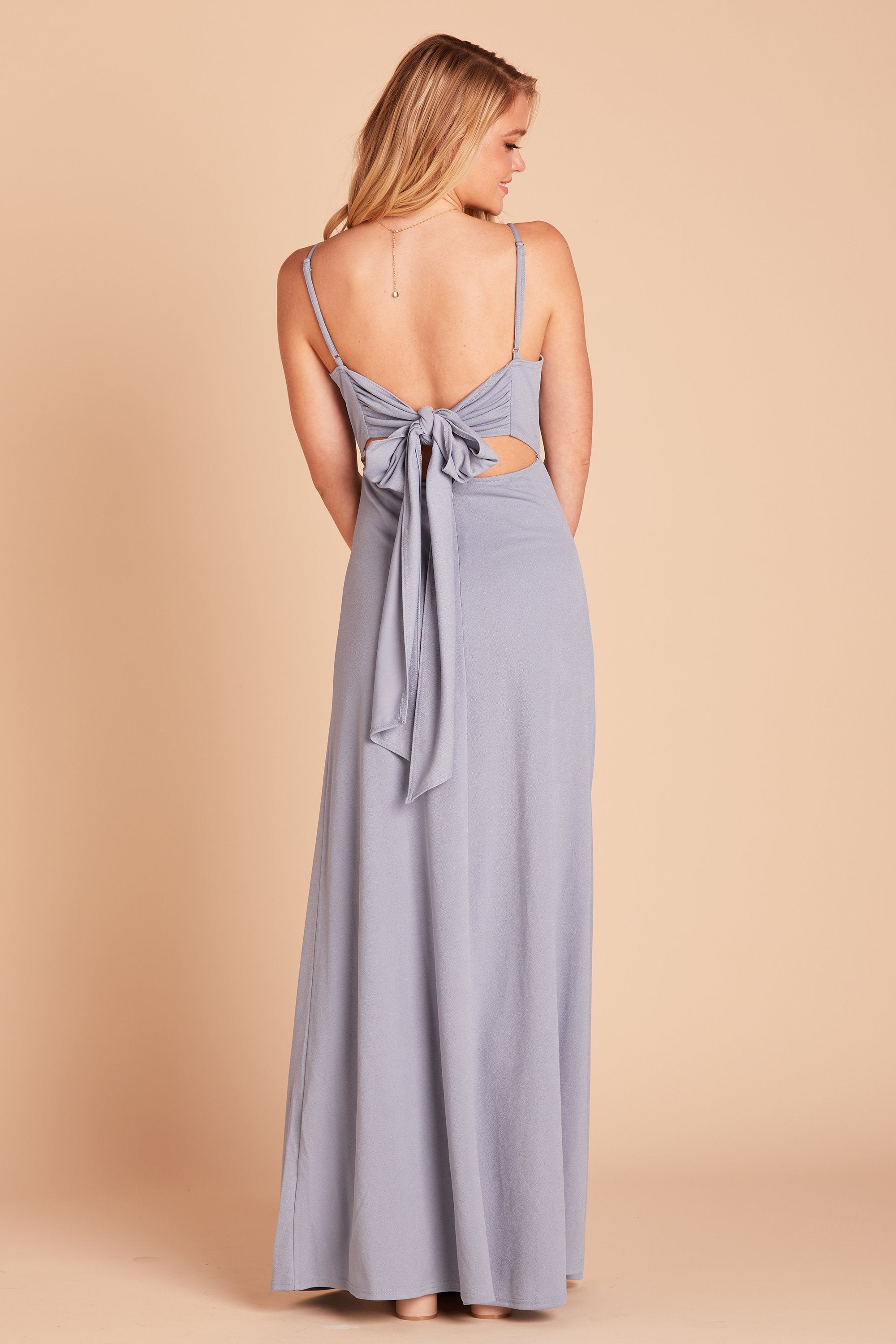 Benny bridesmaid dress in dusty blue crepe by Birdy Grey, back view