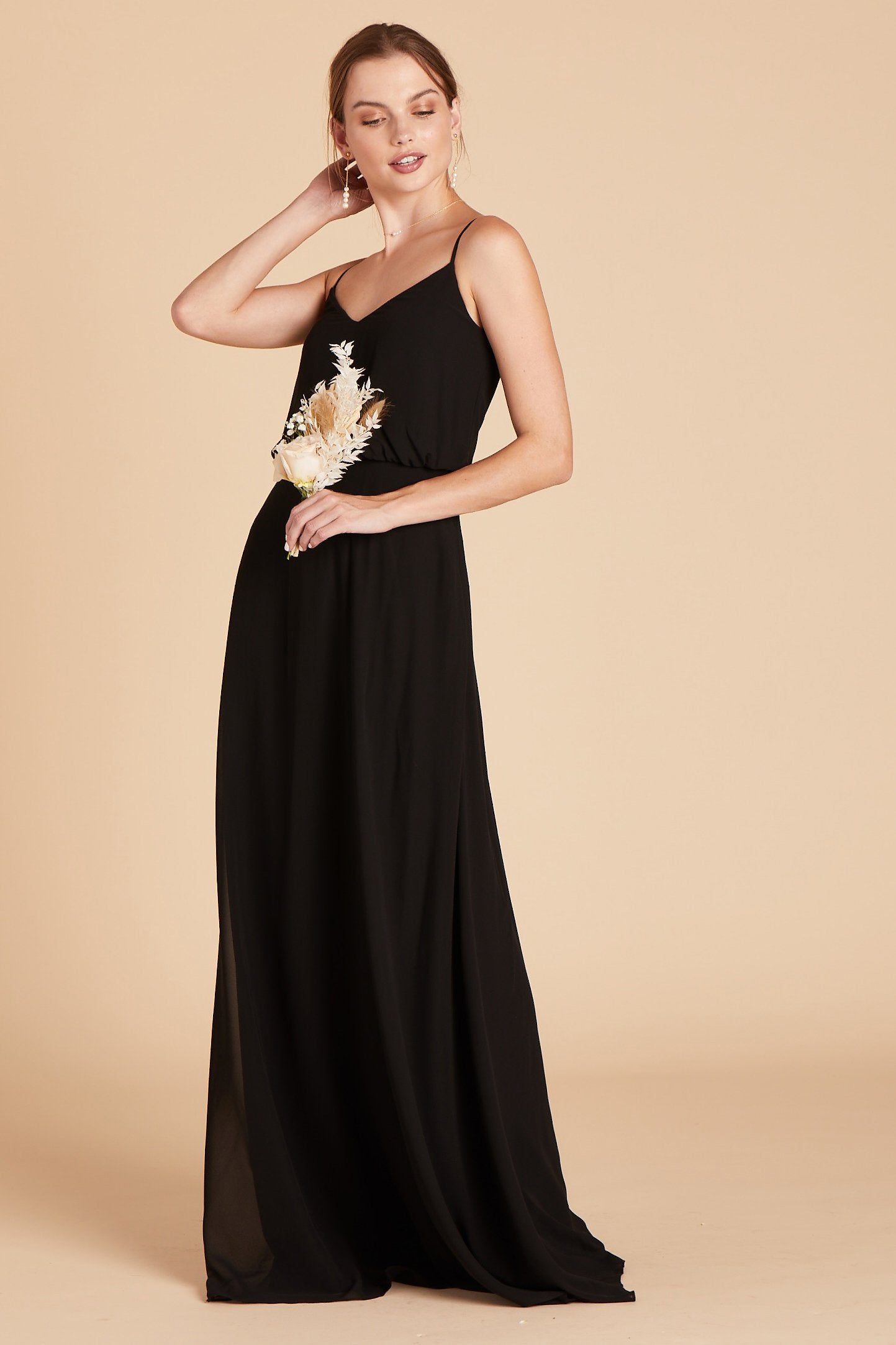 Gwennie bridesmaid dress in black chiffon by Birdy Grey, side view