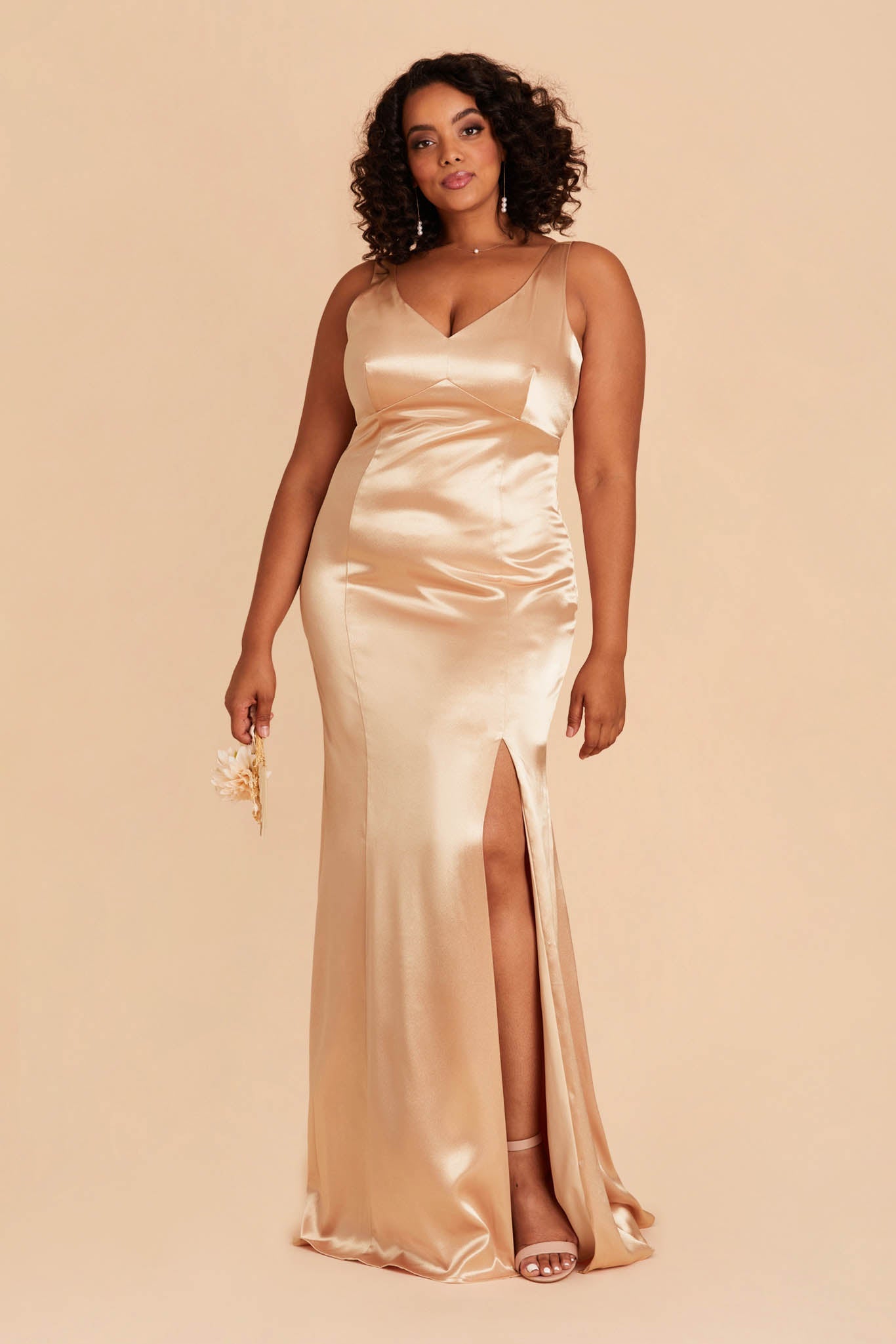 Gloria plus size bridesmaid dress with slit in gold satin by Birdy Grey, front view