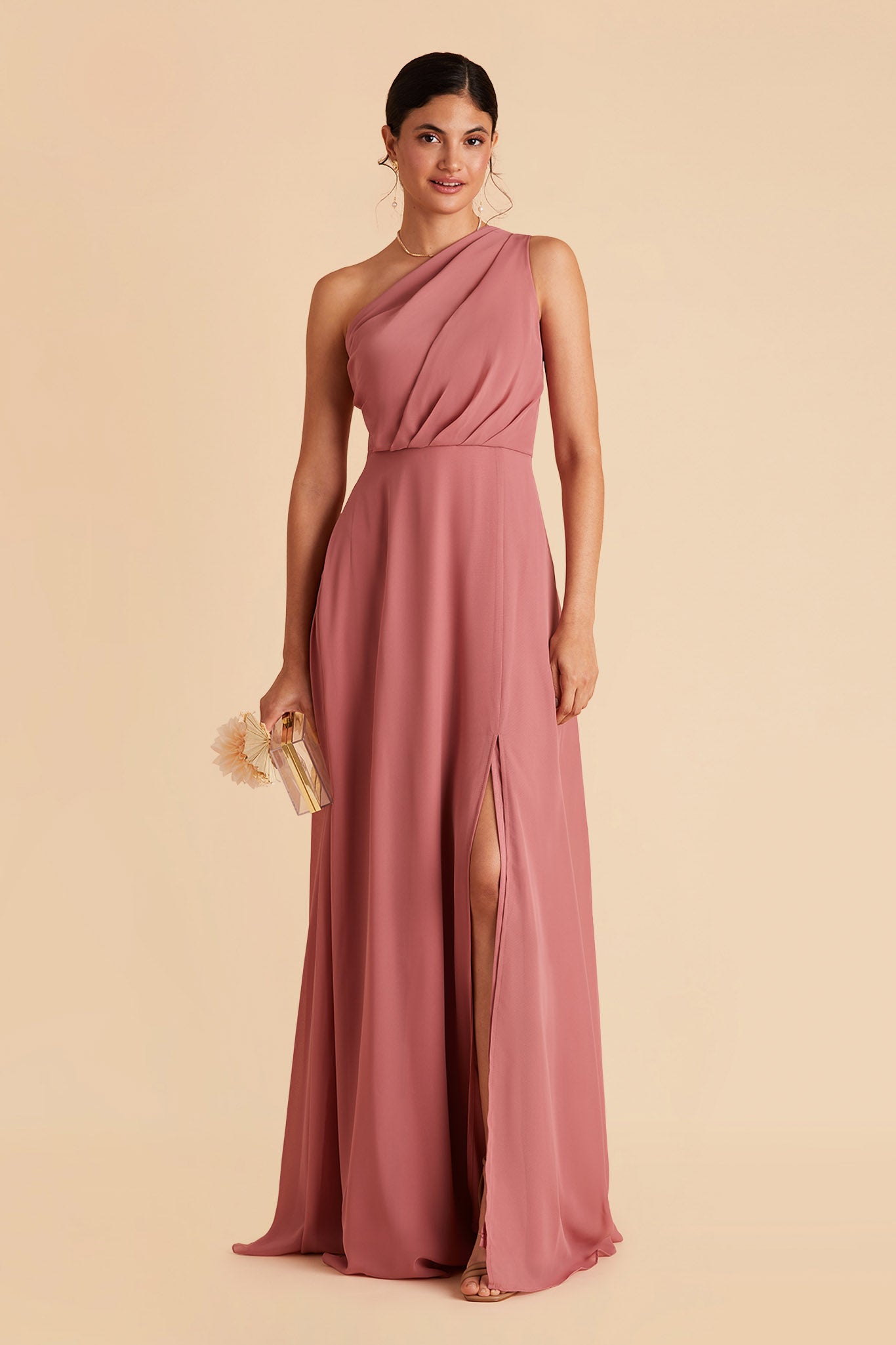 Kira bridesmaid dress with slit in mulberry chiffon by Birdy Grey, front view