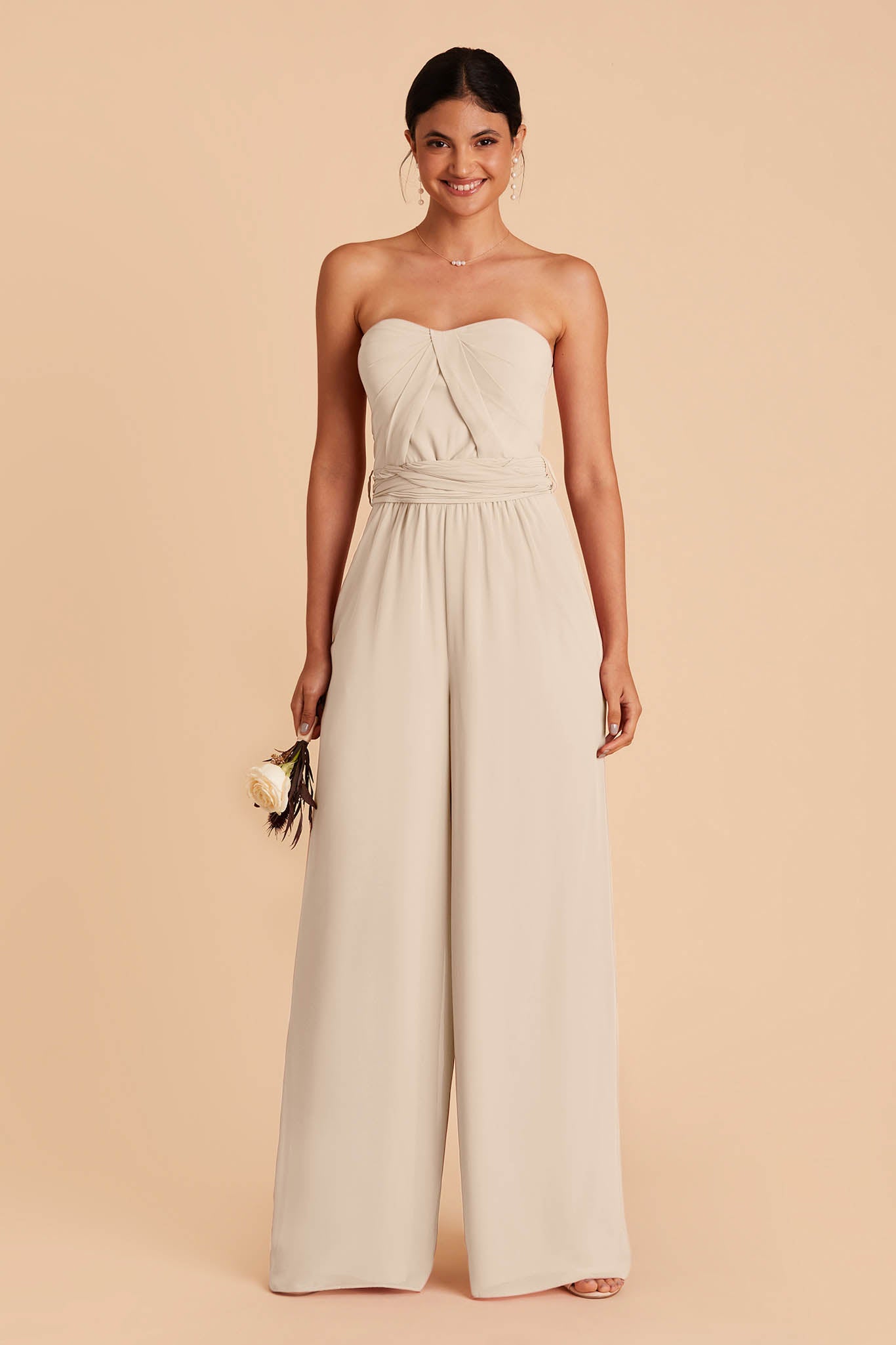Light champagne color wedding jumpsuit with sweetheart bodice with convertible neckline