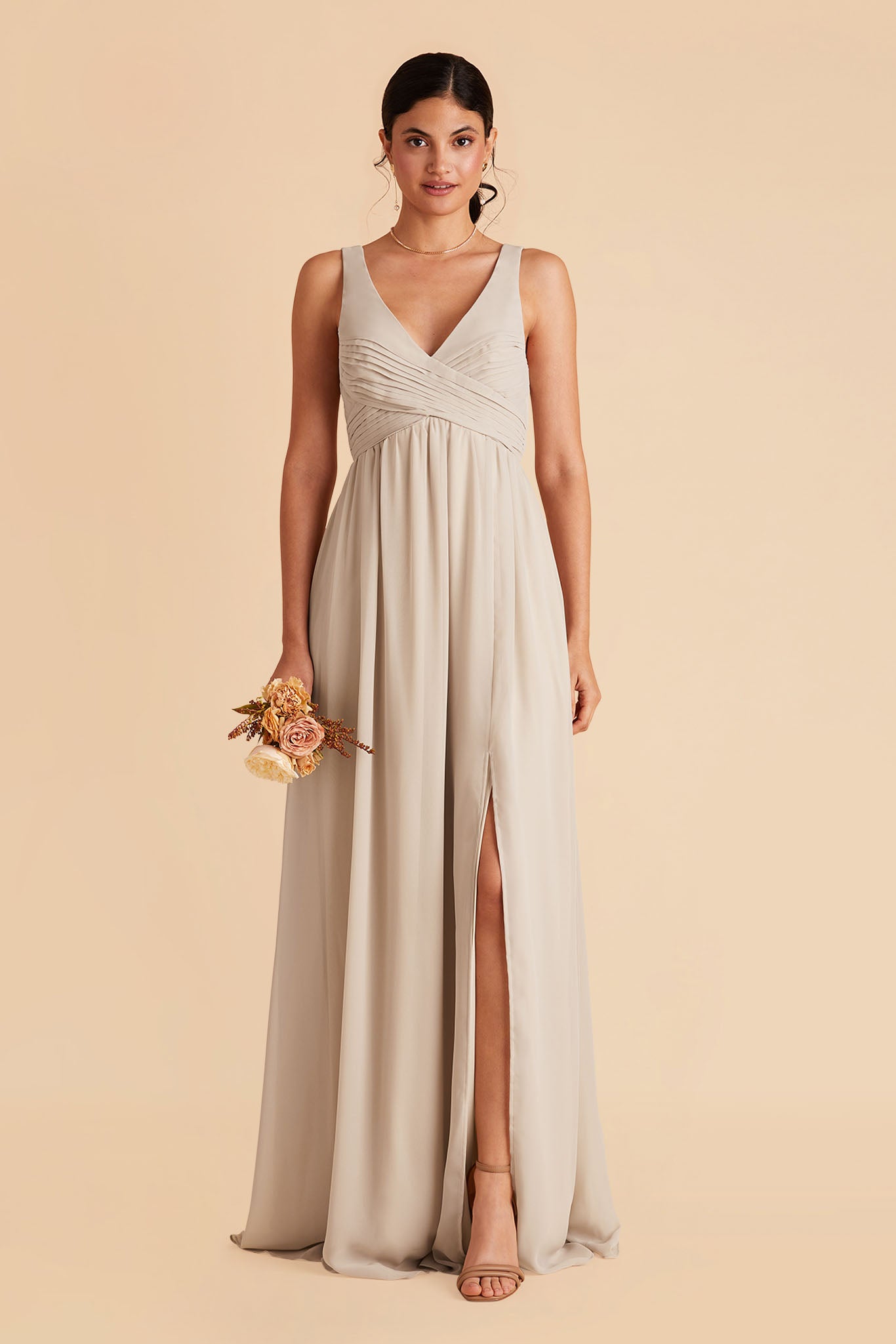 Laurie bridesmaid dress with slit in neutral champagne by Birdy Grey, front view