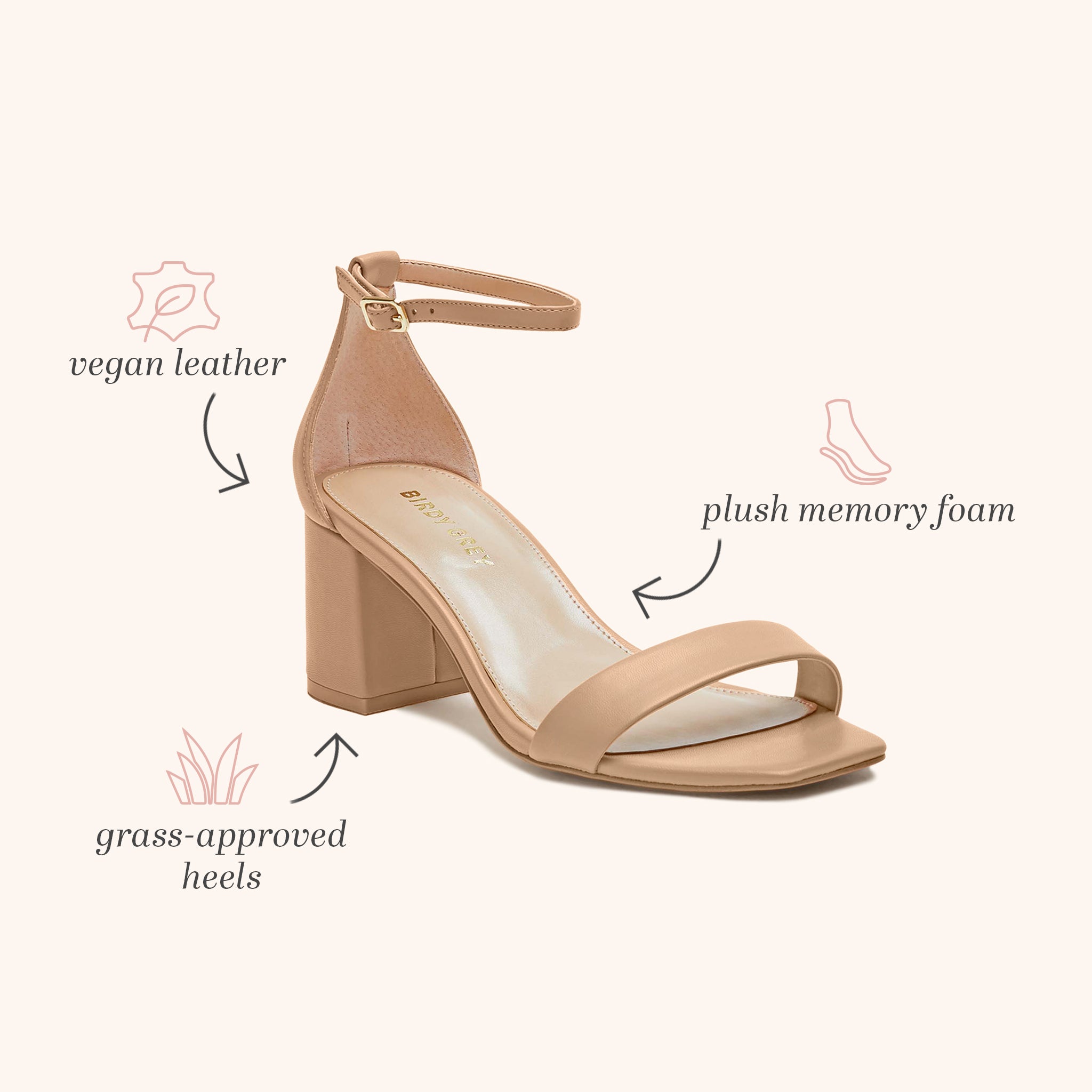 Natalie chunky Heel in nude latte by Birdy Grey, side view