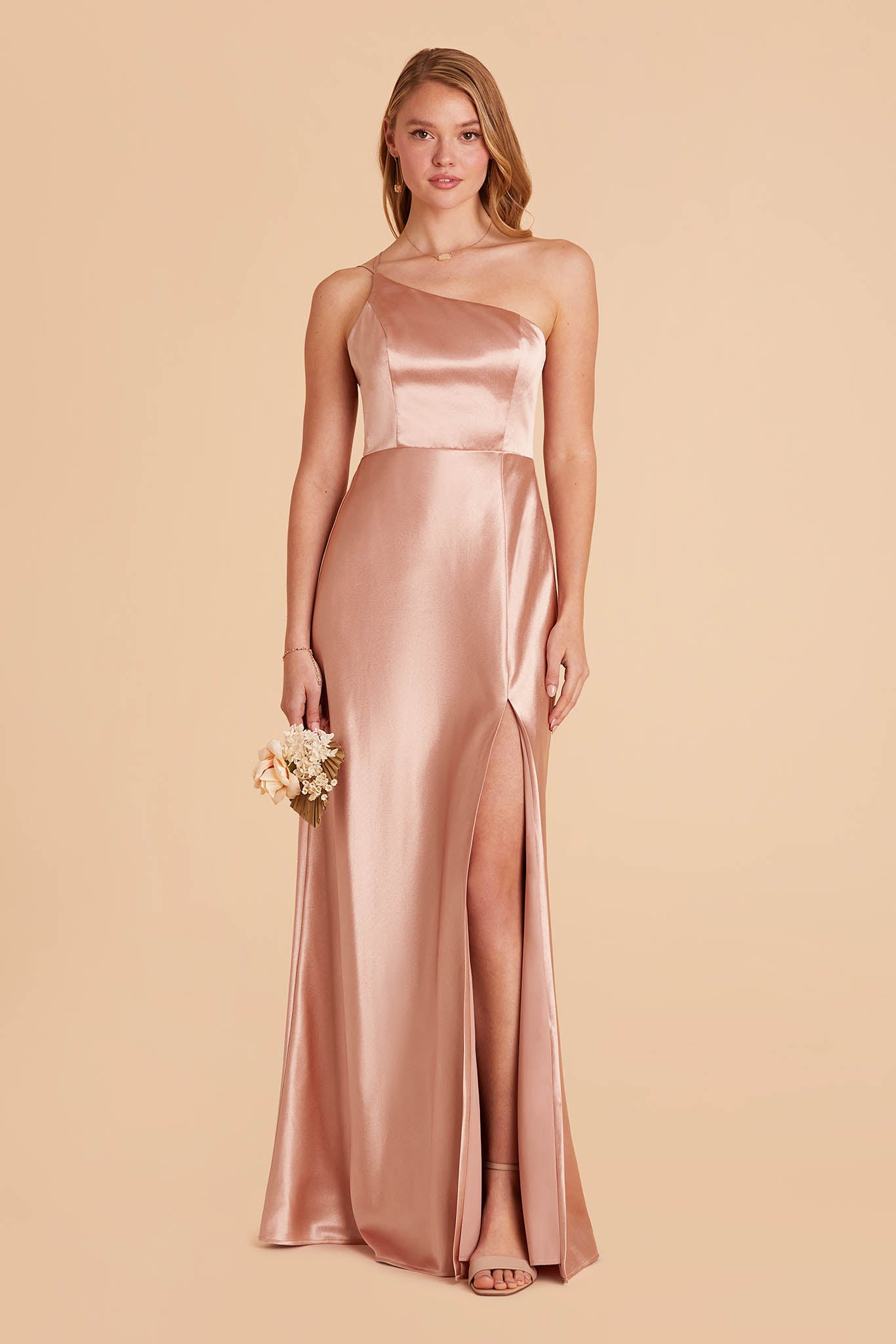 long rose gold pink satin one-shoulder neckline with modern thin straps bridesmaid dress