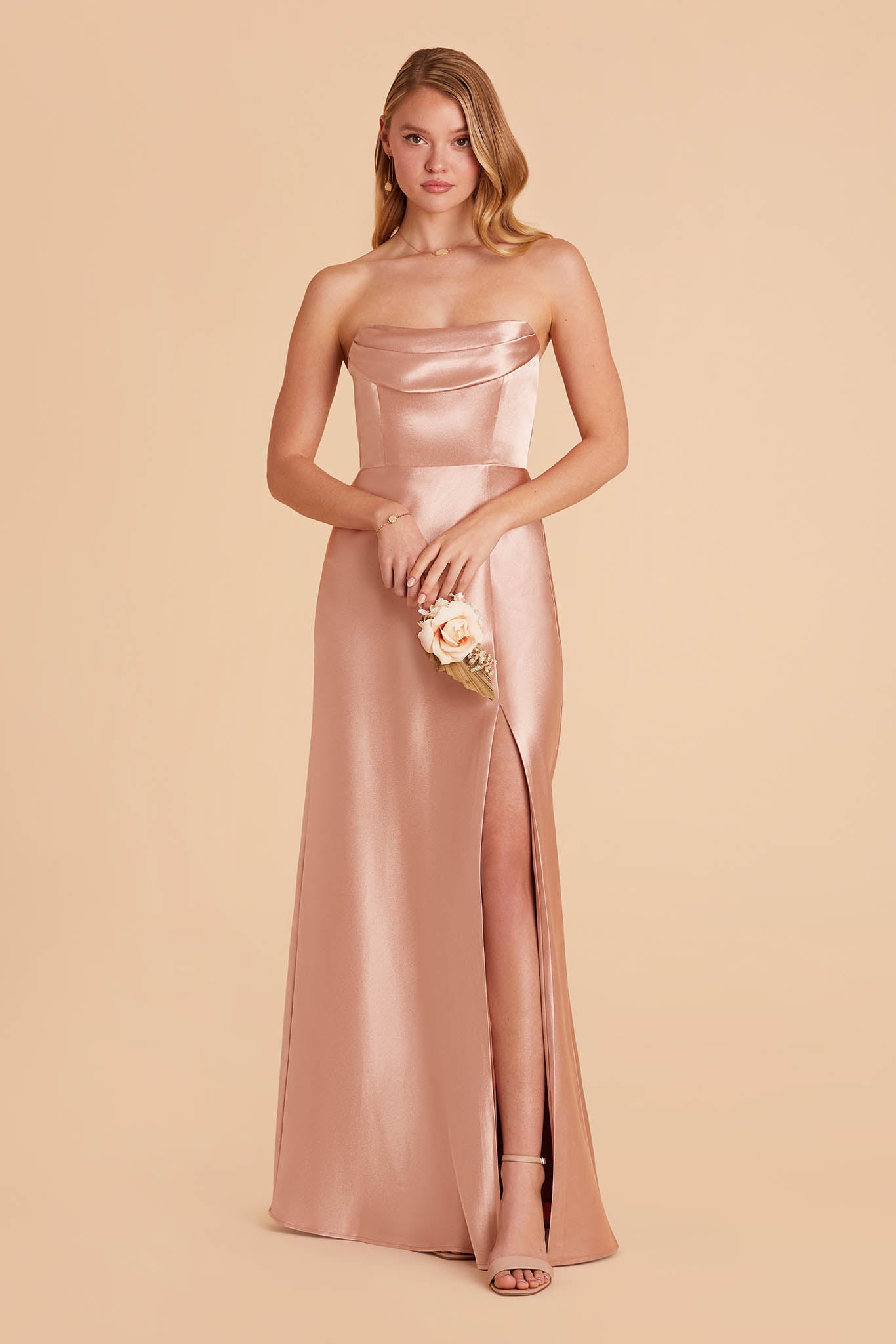 rose gold pink satin bridesmaid dress with pleated cowl neck