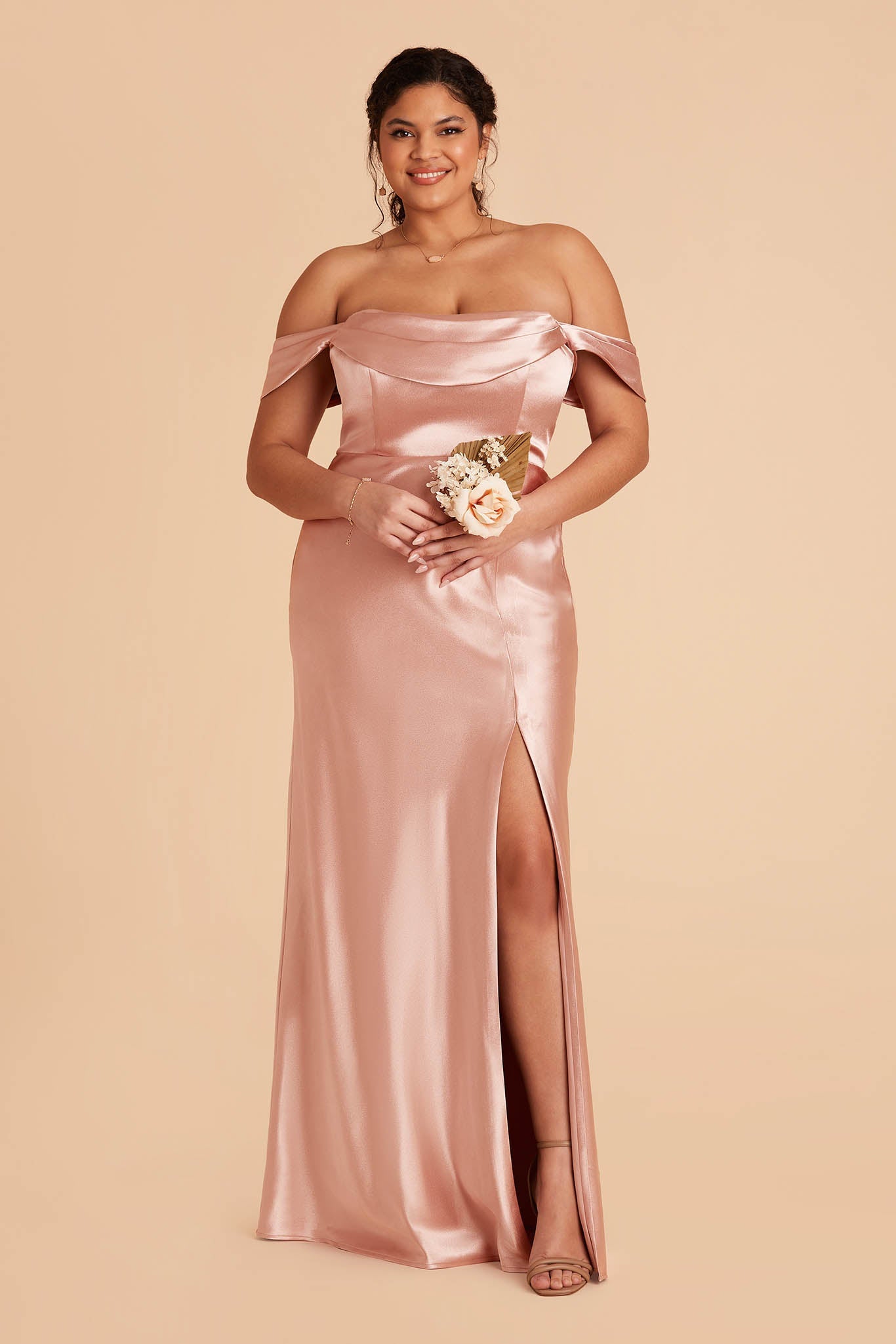 plus size rose gold pink satin bridesmaid dress with pleated cowl neck