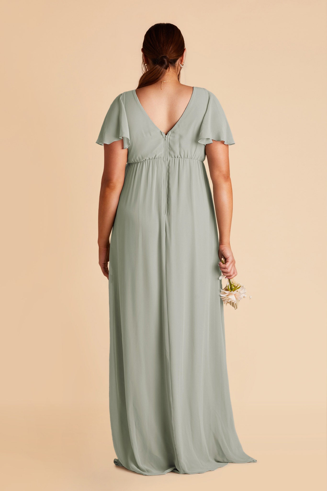Hannah empire plus size bridesmaid dress in sage green chiffon by Birdy Grey, back view