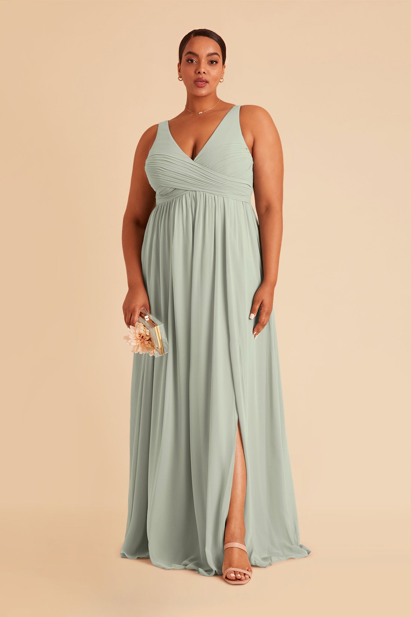 Laurie Empire plus size maternity bridesmaid dress with slit in sage chiffon by Birdy Grey, front view