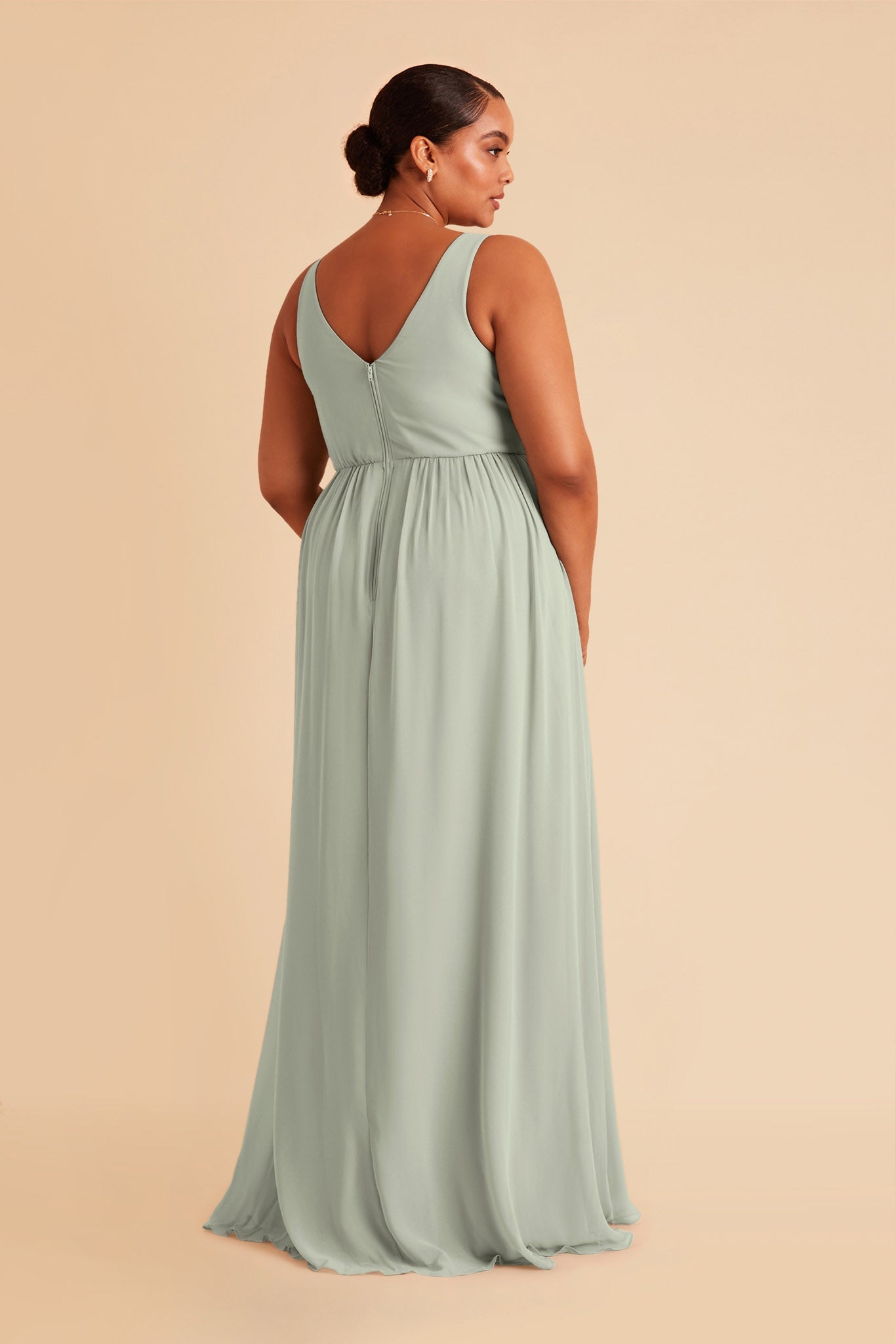 Laurie Empire plus size maternity bridesmaid dress with slit in sage chiffon by Birdy Grey, back view