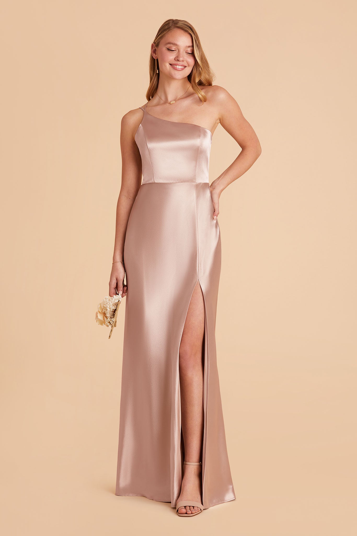 long taupe satin one-shoulder neckline with modern thin straps bridesmaid dress