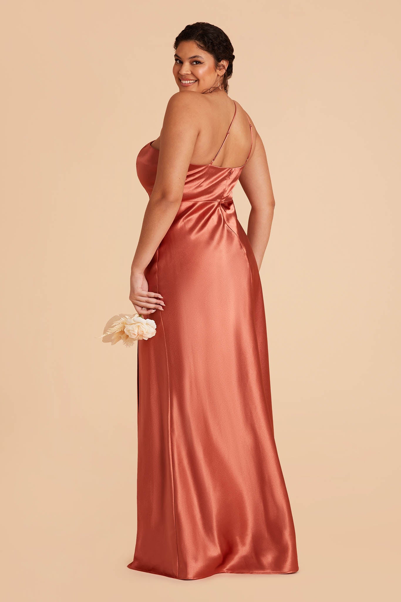 plus size long terracotta orange satin one-shoulder neckline with modern thin straps bridesmaid dress