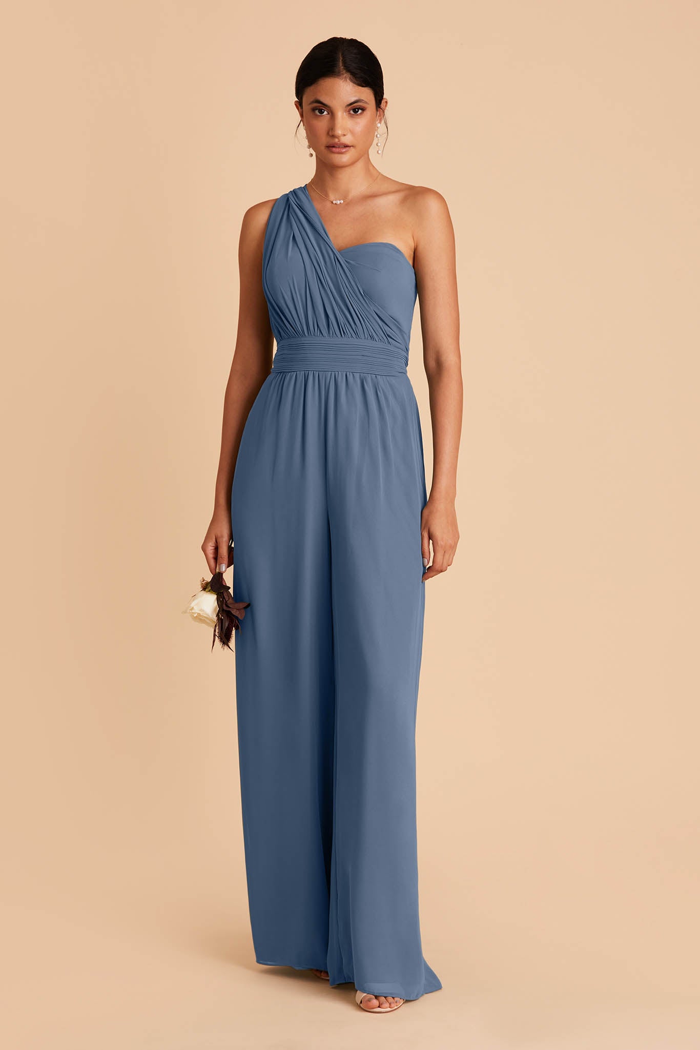 Medium blue wedding jumpsuit with sweetheart bodice with convertible neckline
