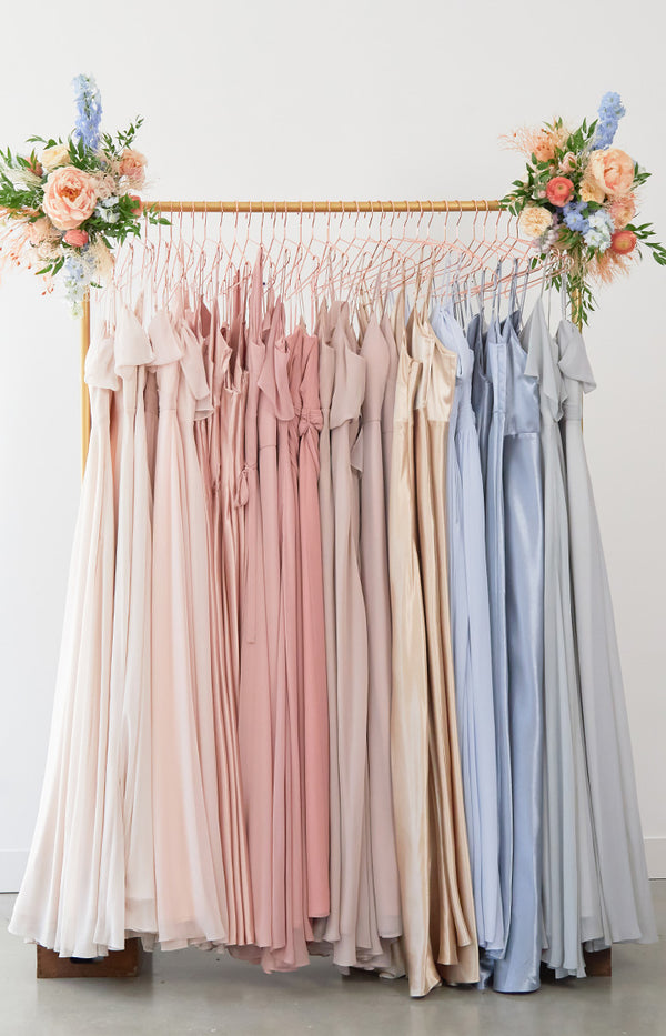 COLORS: pale blush, rose gold, dusty rose, taupe, gold, ice blue, dusty blue, and dove grey