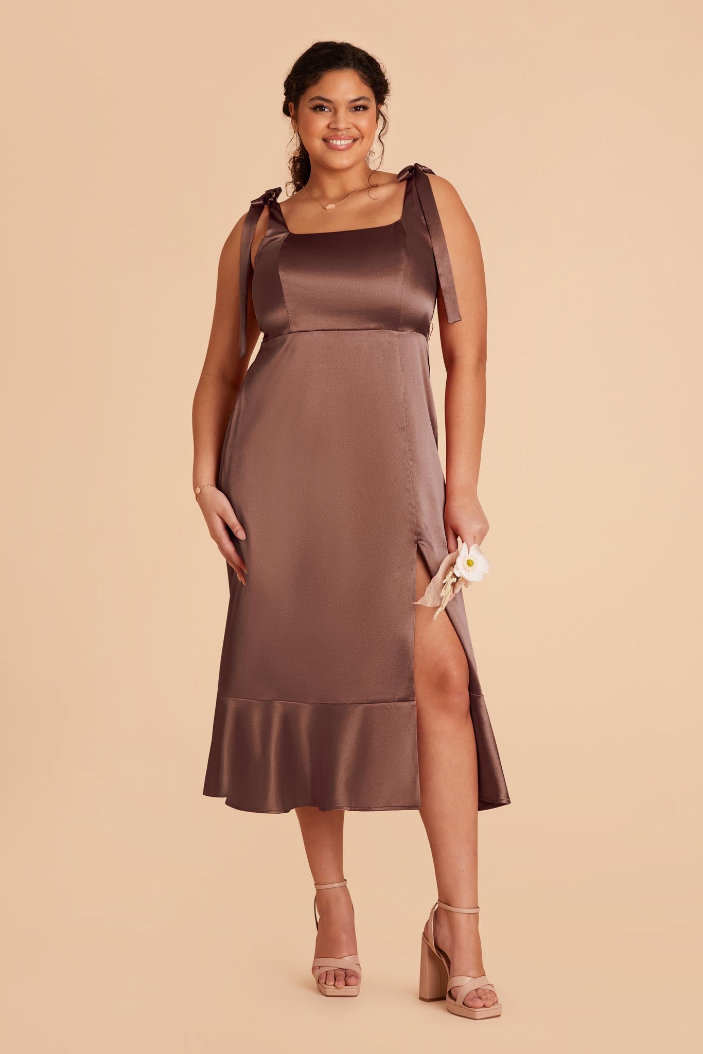 Eugenia Shiny Satin Convertible Midi Dress - Chocolate Brown