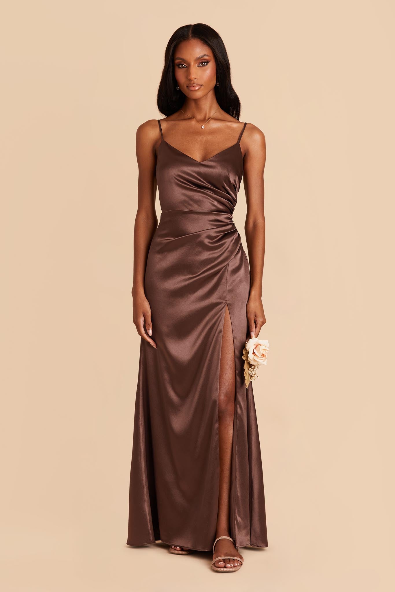 Chocolate Brown Catherine Shiny Satin Dress by Birdy Grey