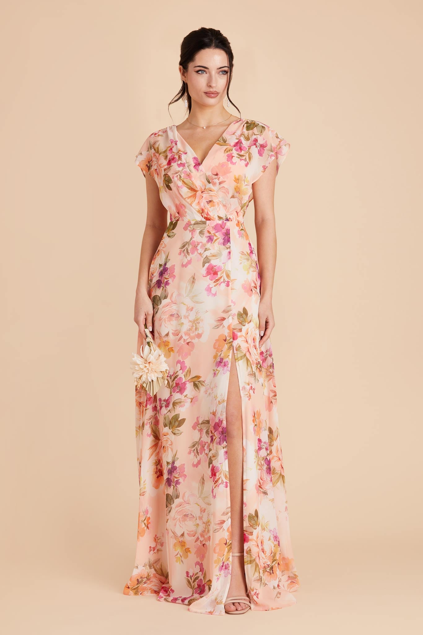 Coral Sunset Peonies Violet Chiffon Dress by Birdy Grey