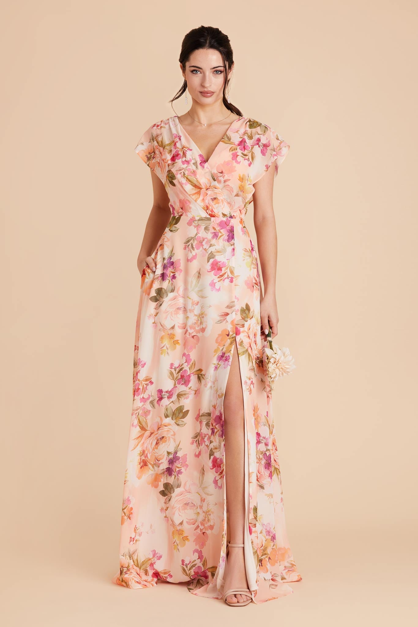 Coral Sunset Peonies Violet Chiffon Dress by Birdy Grey