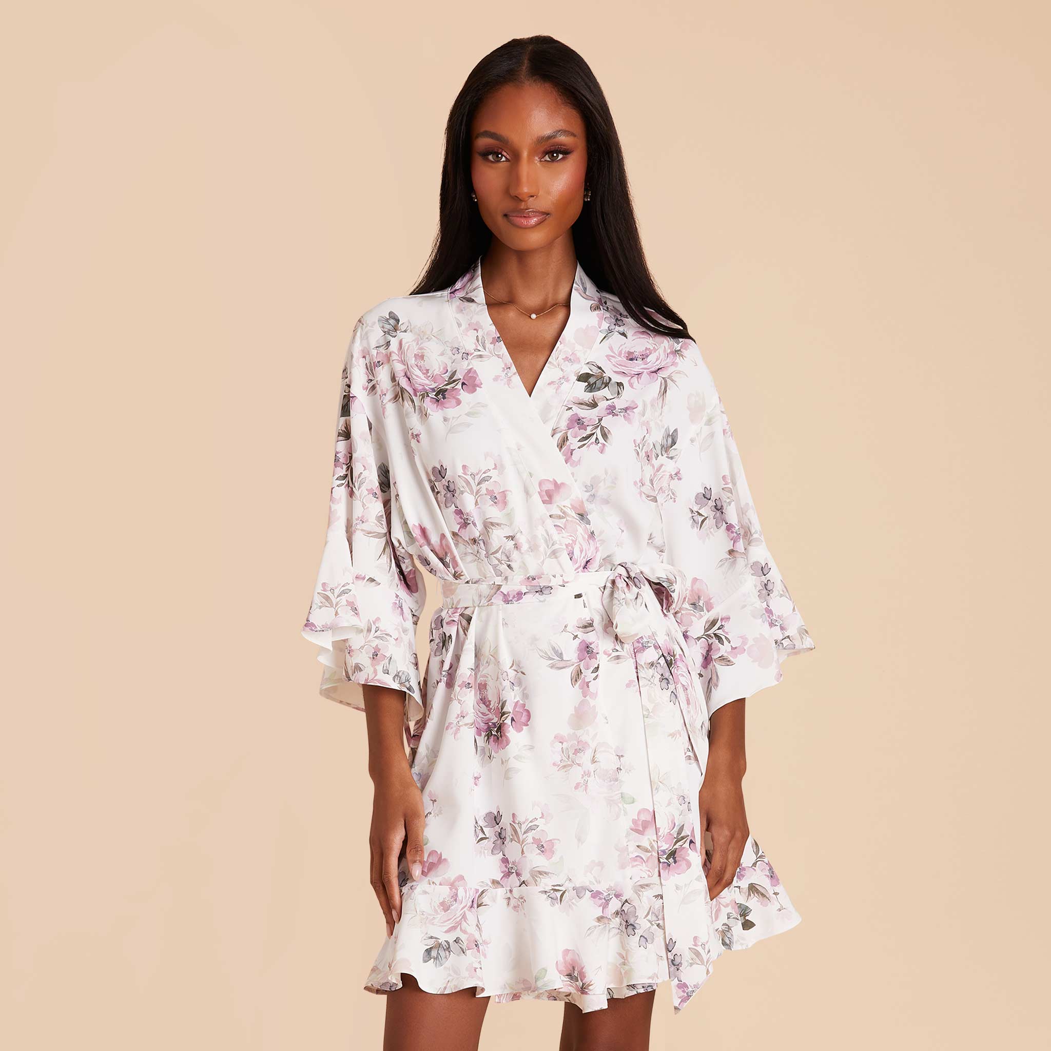 Dusty Pink Peonies Kenny Floral Ruffle Robe by Birdy Grey
