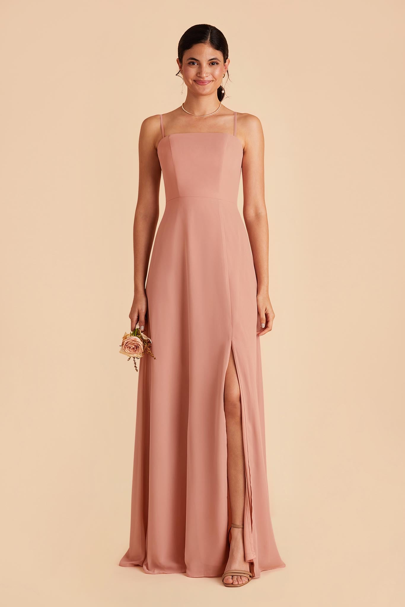 Bow-shoulder V-back Chiffon Bridesmaid Dress With Front Slit In Orchid Pink  | The Dessy Group