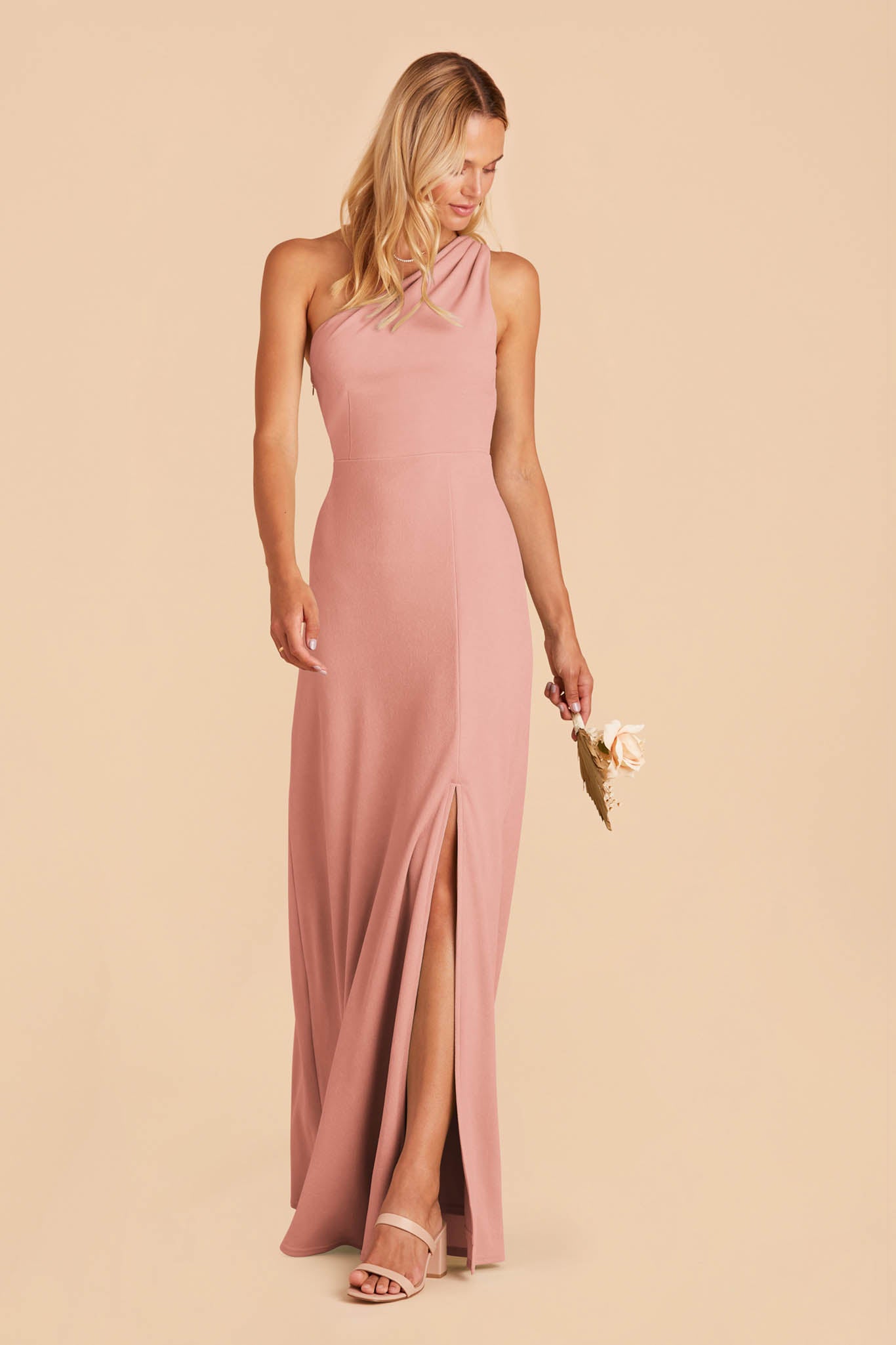 Kira bridesmaid dress with slit in dusty rose crepe by Birdy Grey, front view