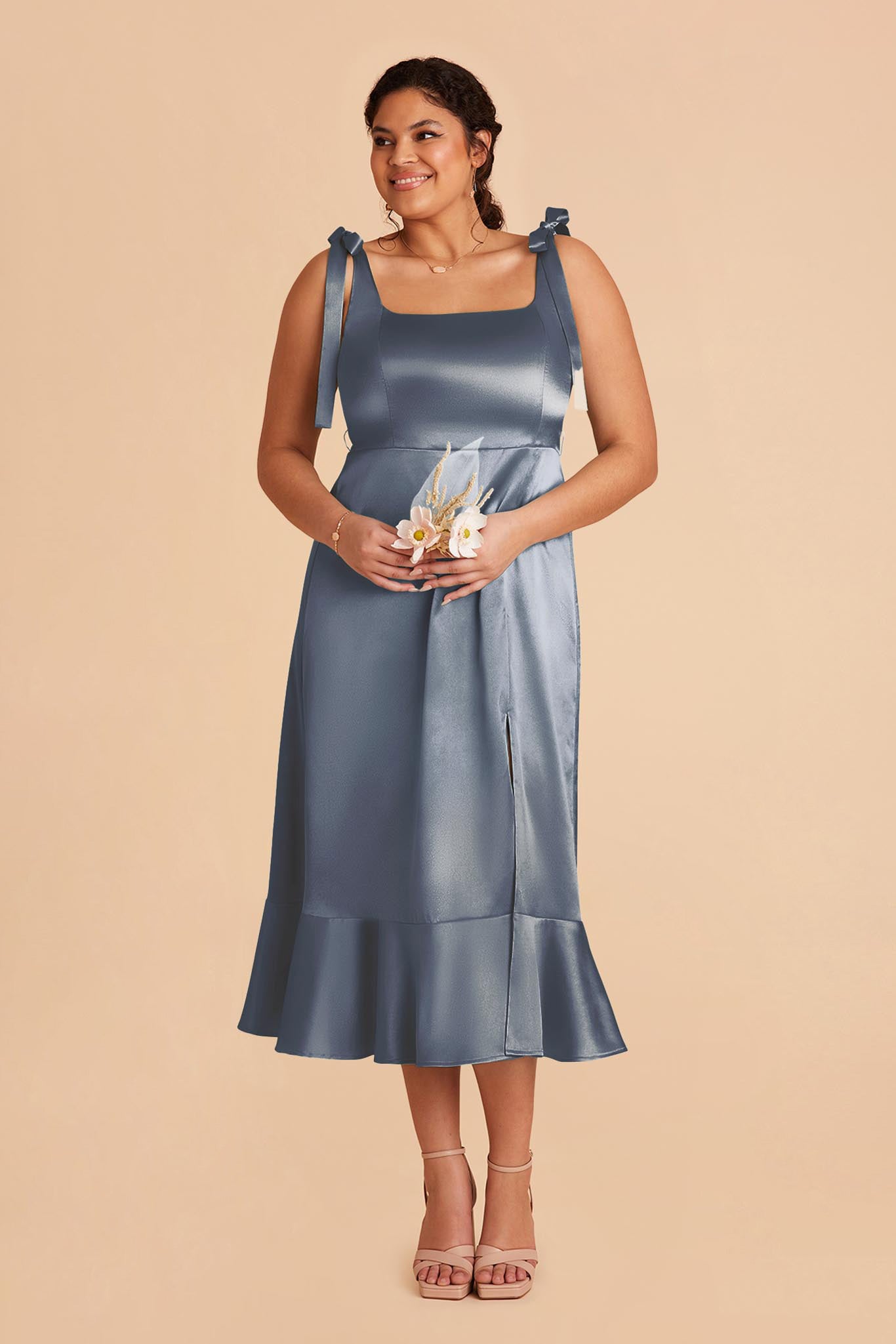 Eugenia Shiny Satin Convertible Midi Dress - French Blue