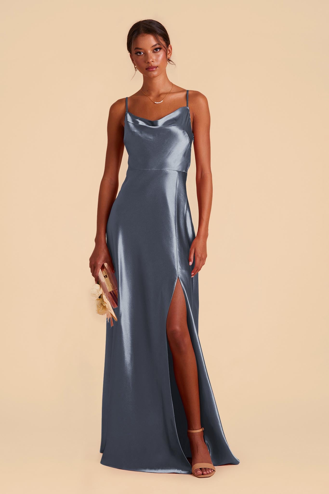 Lisa Long Shiny Satin Dress - French Blue