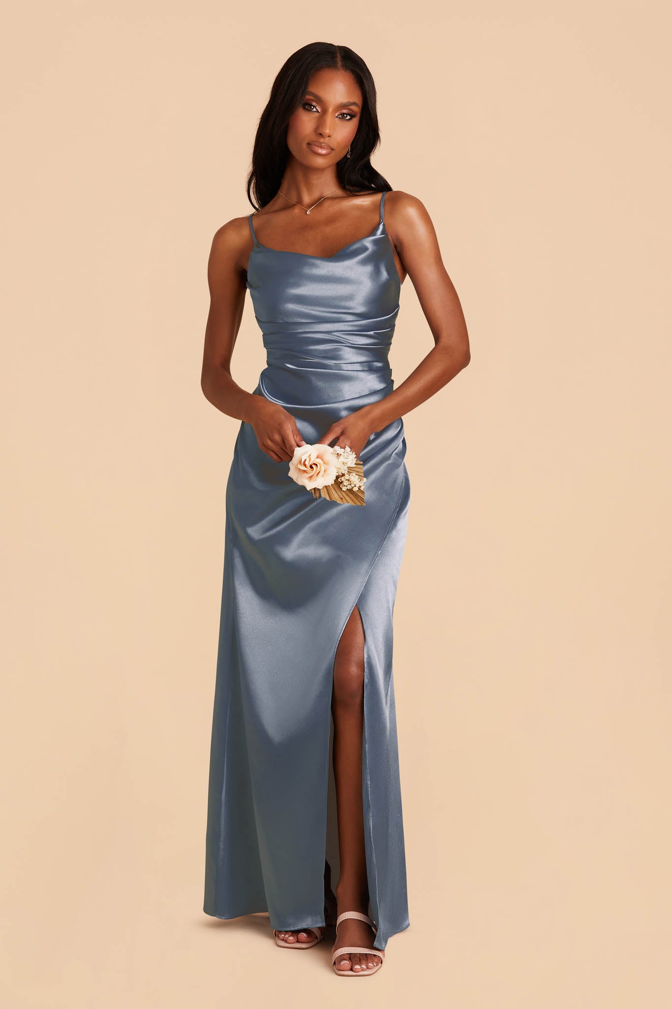 Lydia French Blue Cowl Neck Satin Bridesmaid Dress