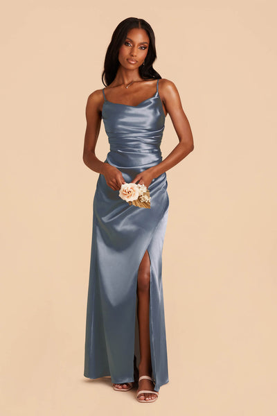 Lydia French Blue Cowl Neck Satin Bridesmaid Dress