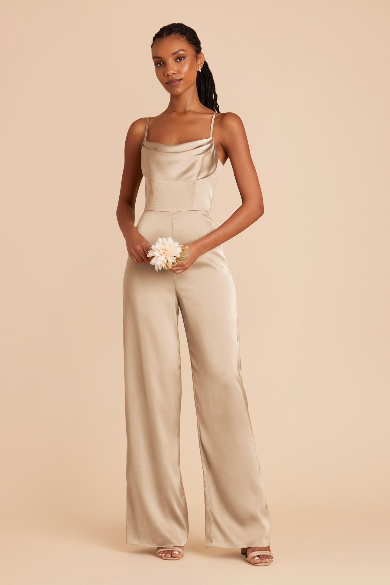 Gold Donna Matte Satin Bridesmaid Jumpsuit by Birdy grey