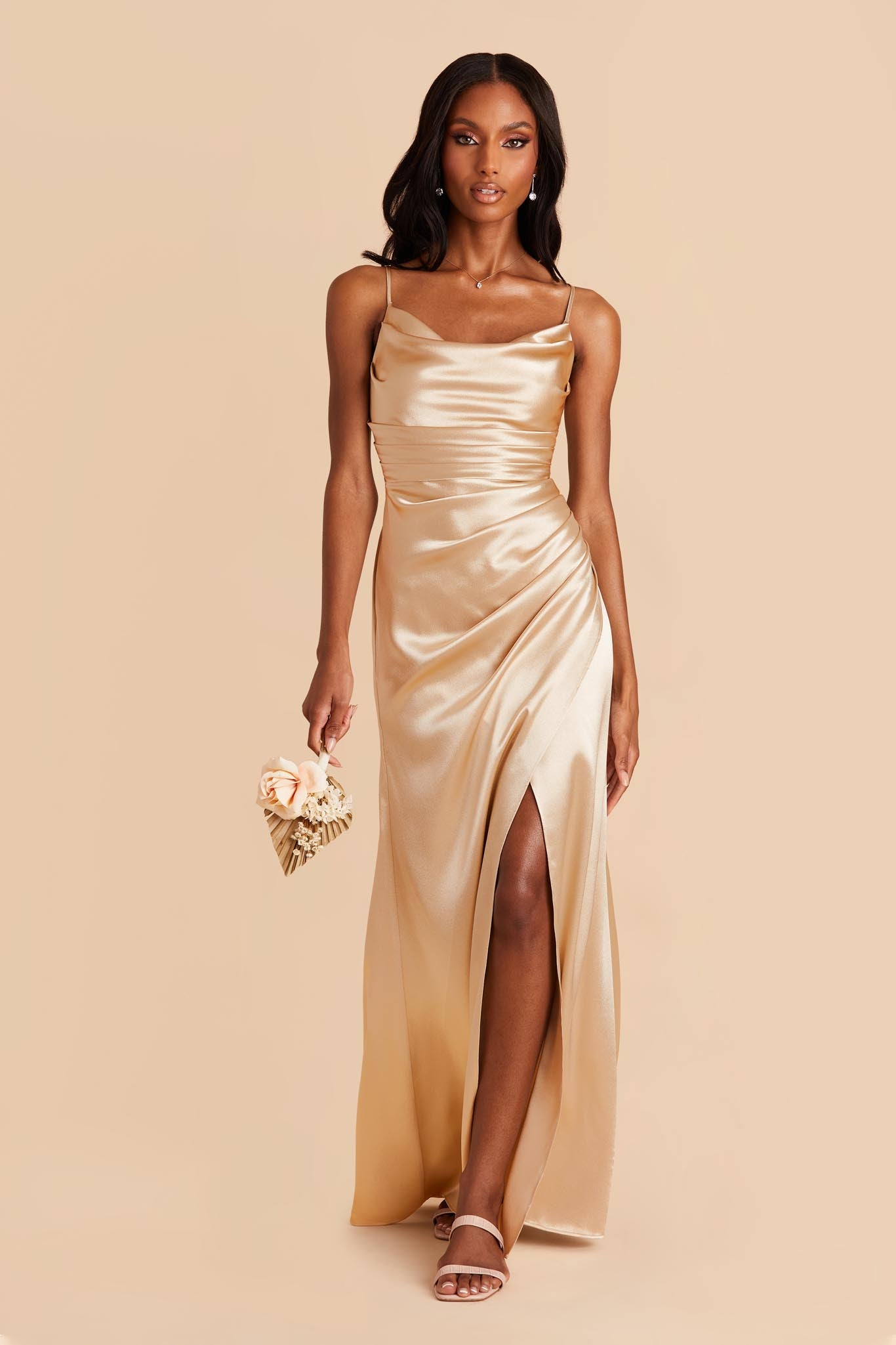 Gold Lydia Shiny Satin Dress by Birdy Grey