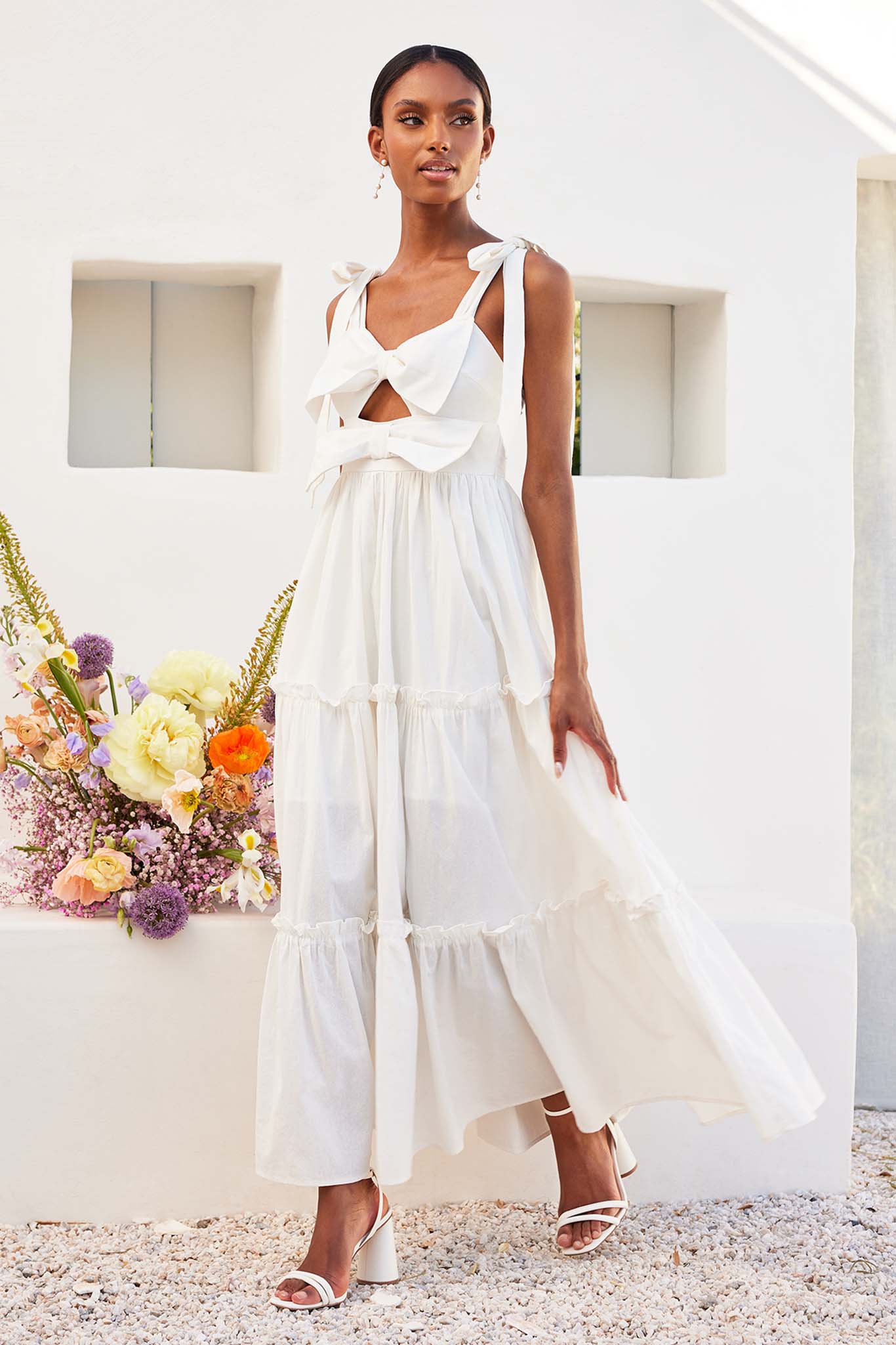 White Tiered Maxi Dress with Bowtie Detail by Birdy Grey