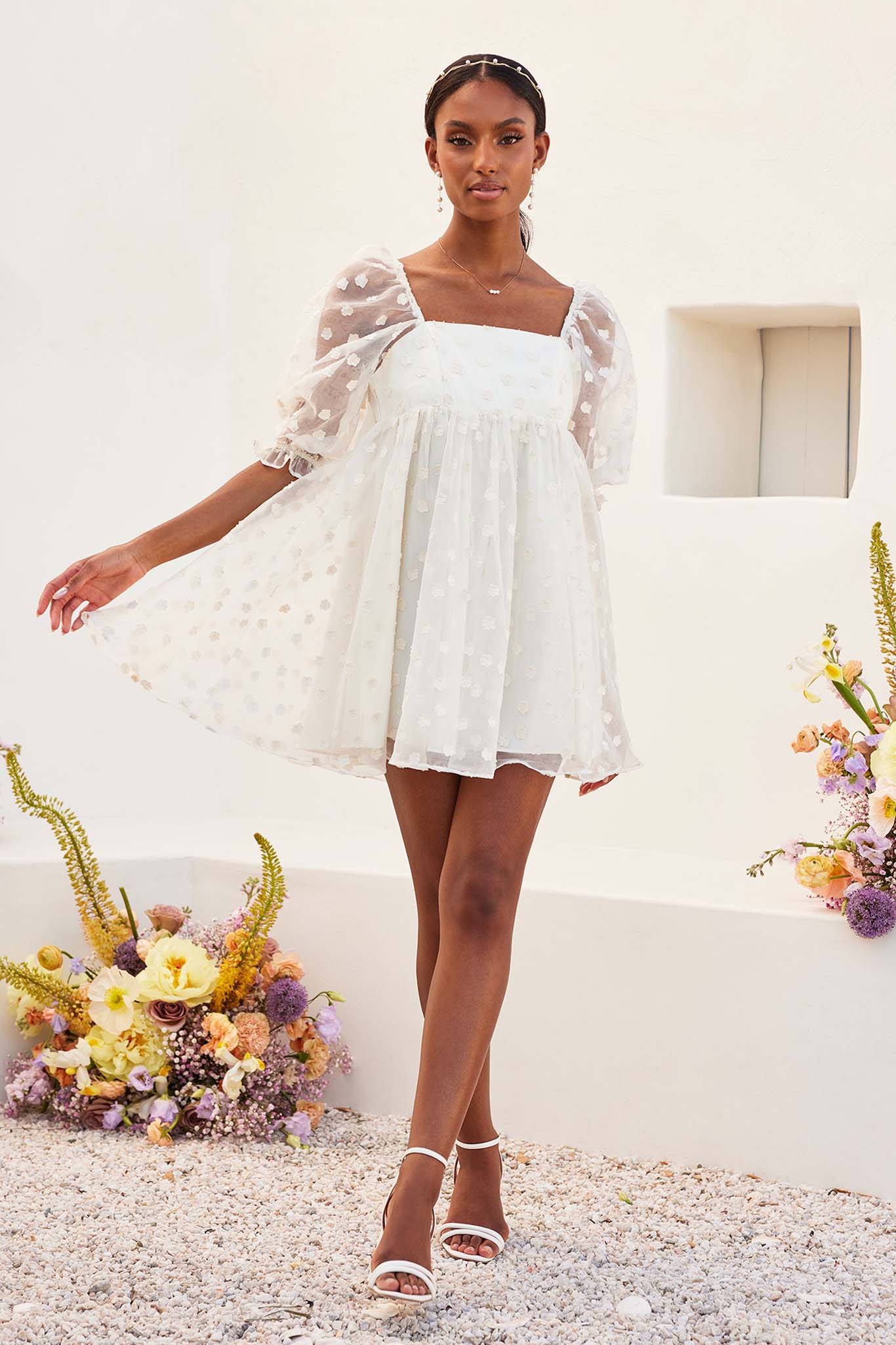 White Floral Organza Mini Dress by Birdy Grey