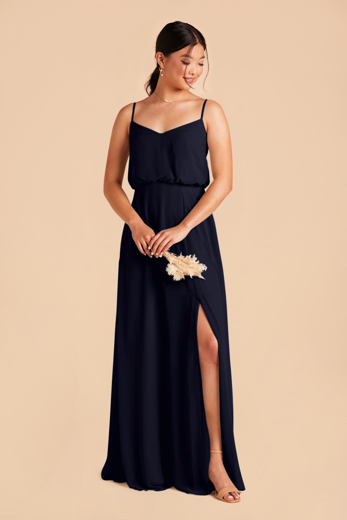 Gwennie bridesmaid dress in navy blue chiffon by Birdy Grey, back view