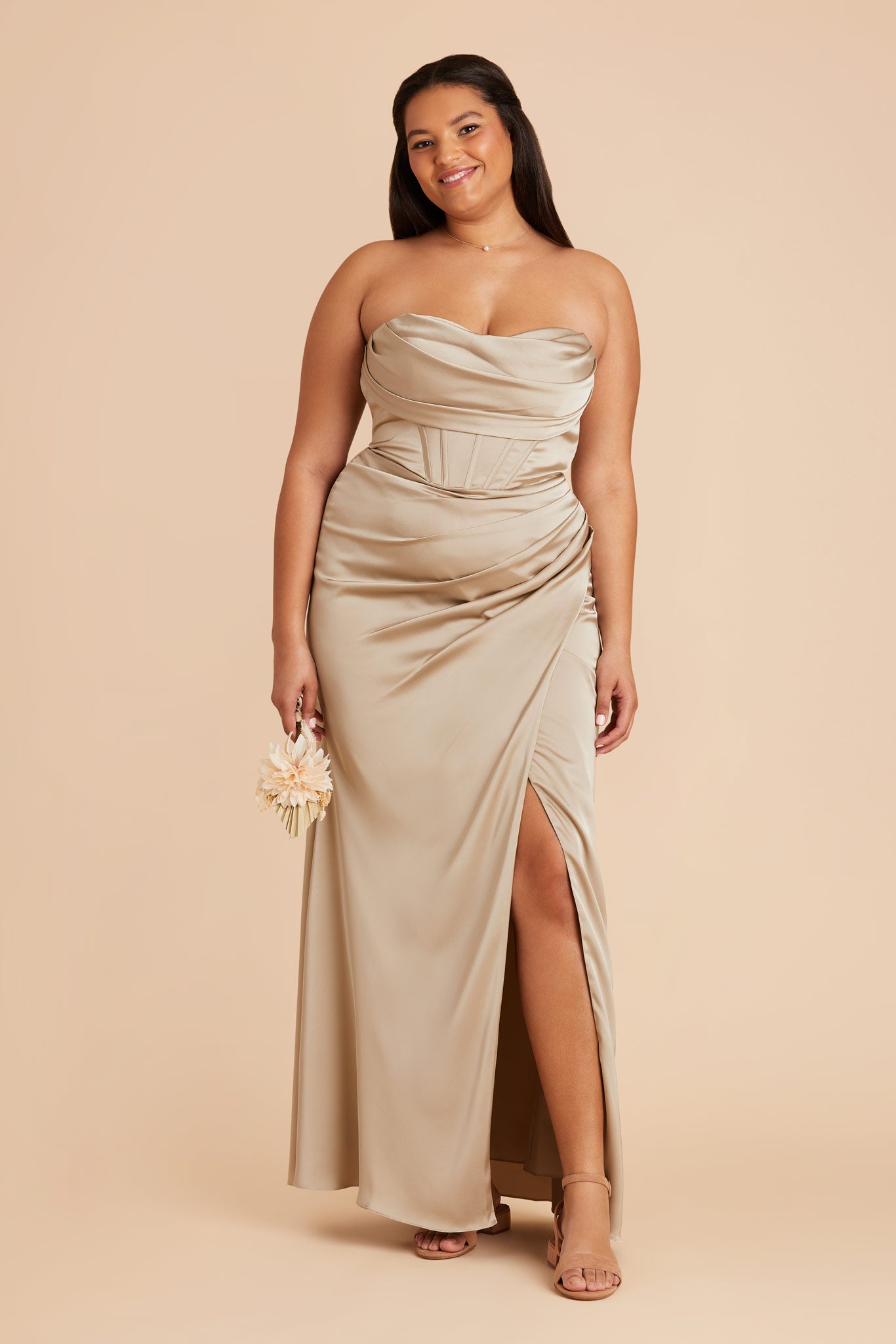 Neutral Champagne Carrie Matte Satin Dress by Birdy Grey