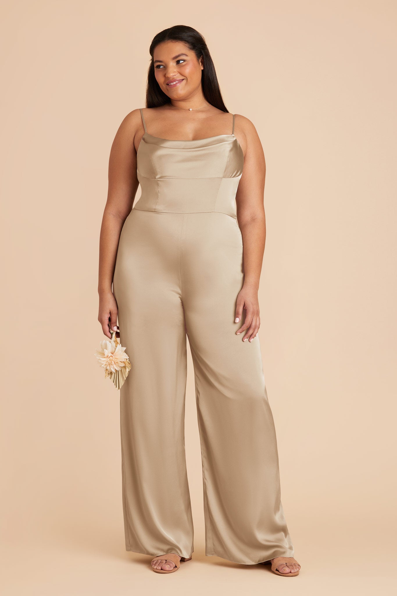 Neutral Champagne Donna Matte Satin Bridesmaid Jumpsuit by Birdy Grey