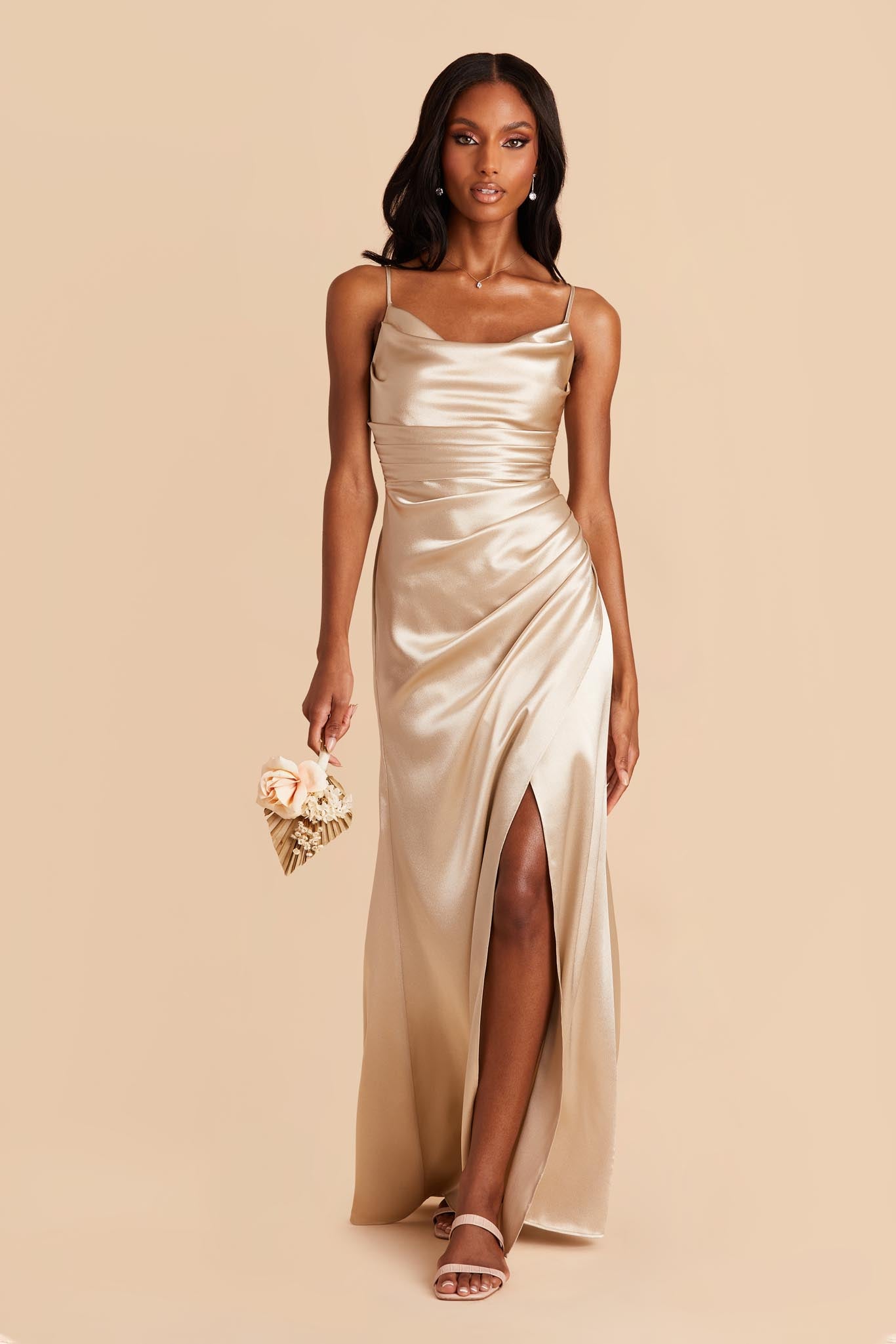 Lydia Neutral Champagne Cowl Neck Satin Bridesmaid Dress