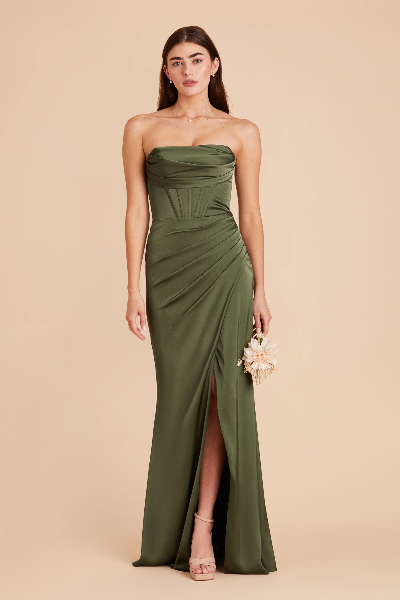 Olive Carrie Matte Satin Dress by Birdy Grey