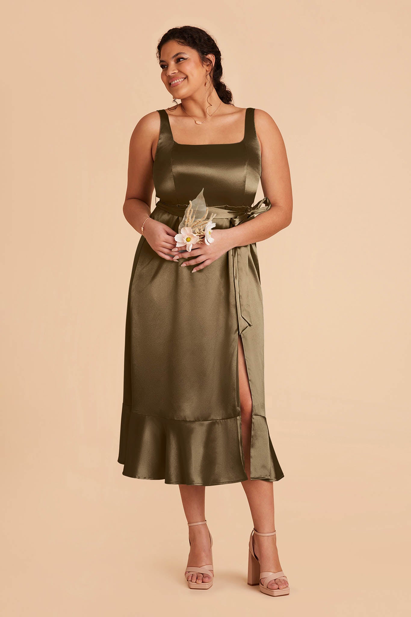 Eugenia Shiny Satin Convertible Midi Dress - Olive