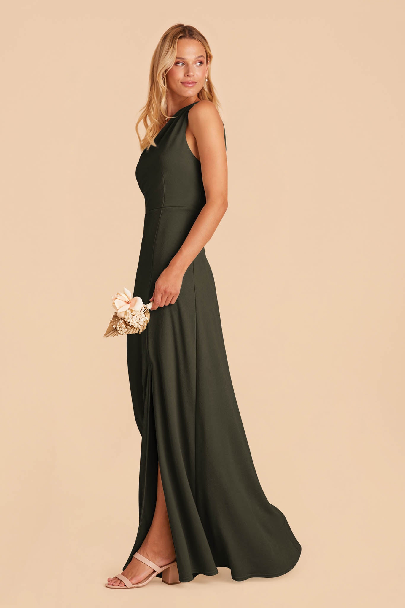 Kira bridesmaid dress with slit in olive crepe by Birdy Grey
