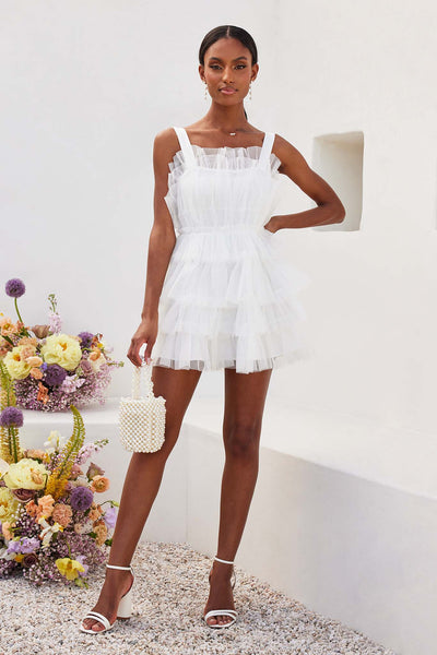 Tulle Tiered Mini Dress - White