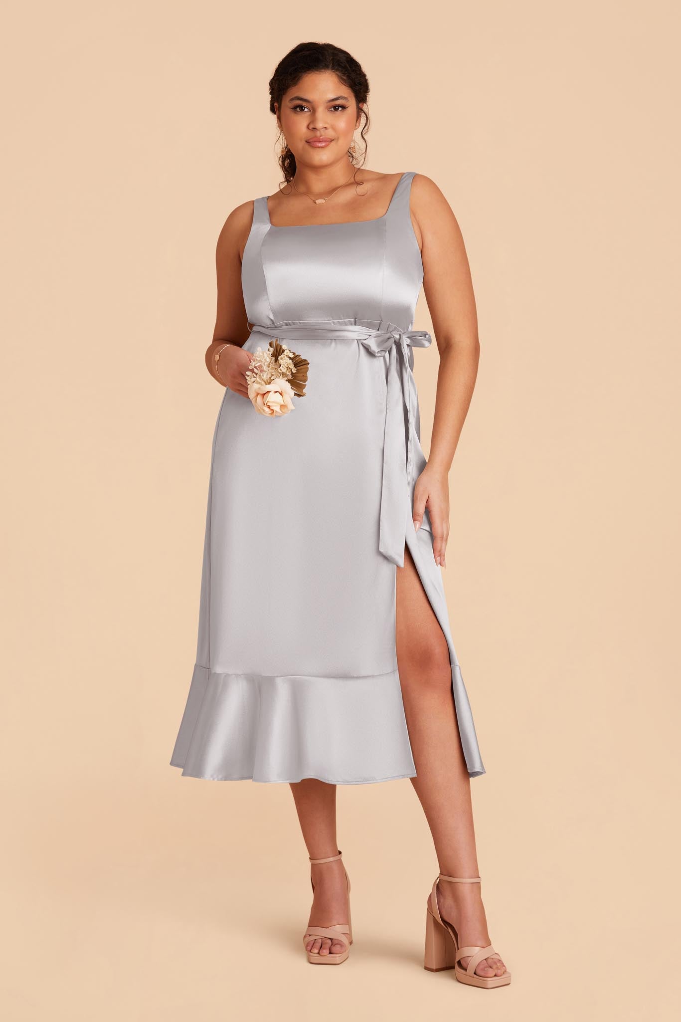 Eugenia Shiny Satin Convertible Midi Dress - Platinum