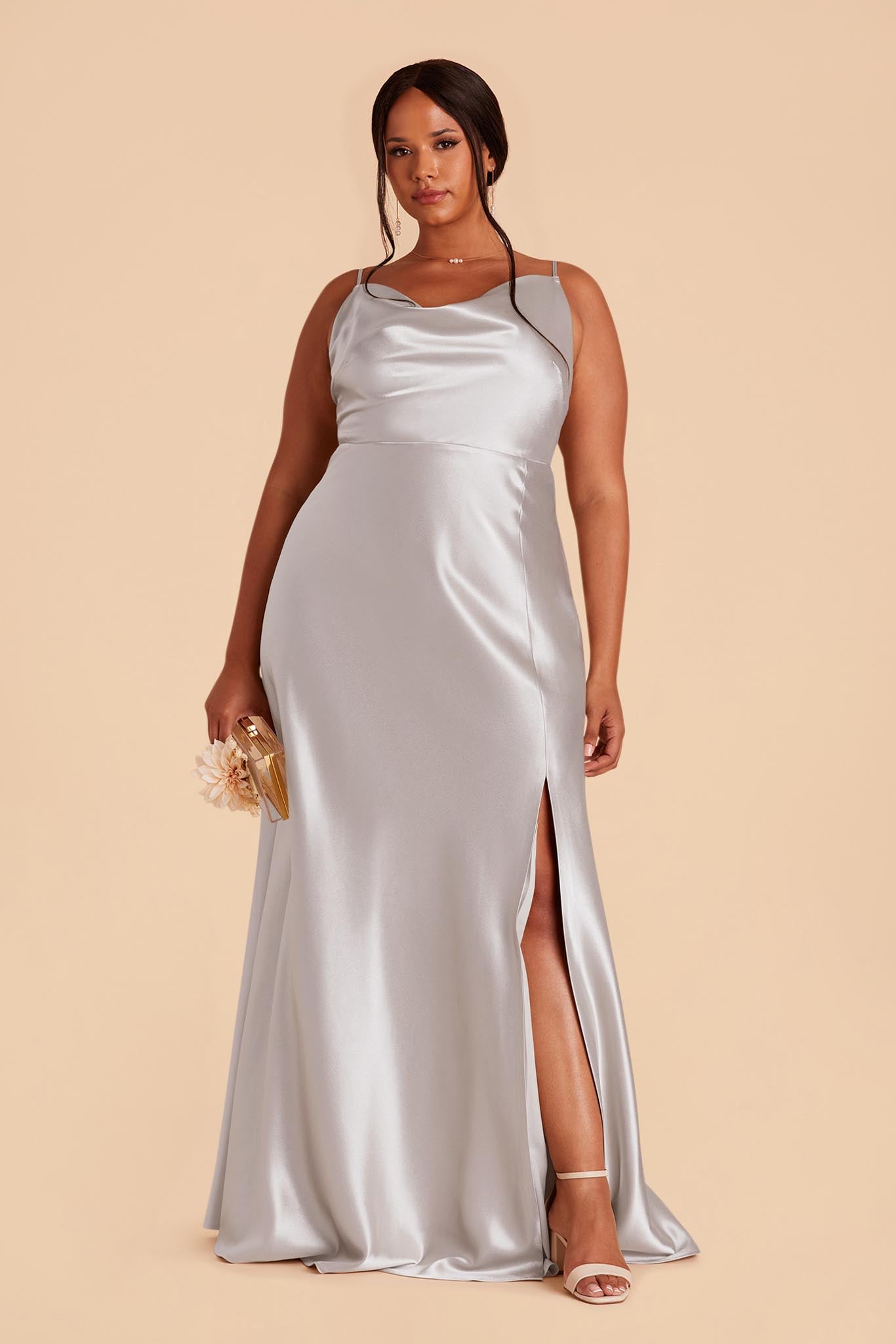 Lisa Long Shiny Satin Dress - Platinum
