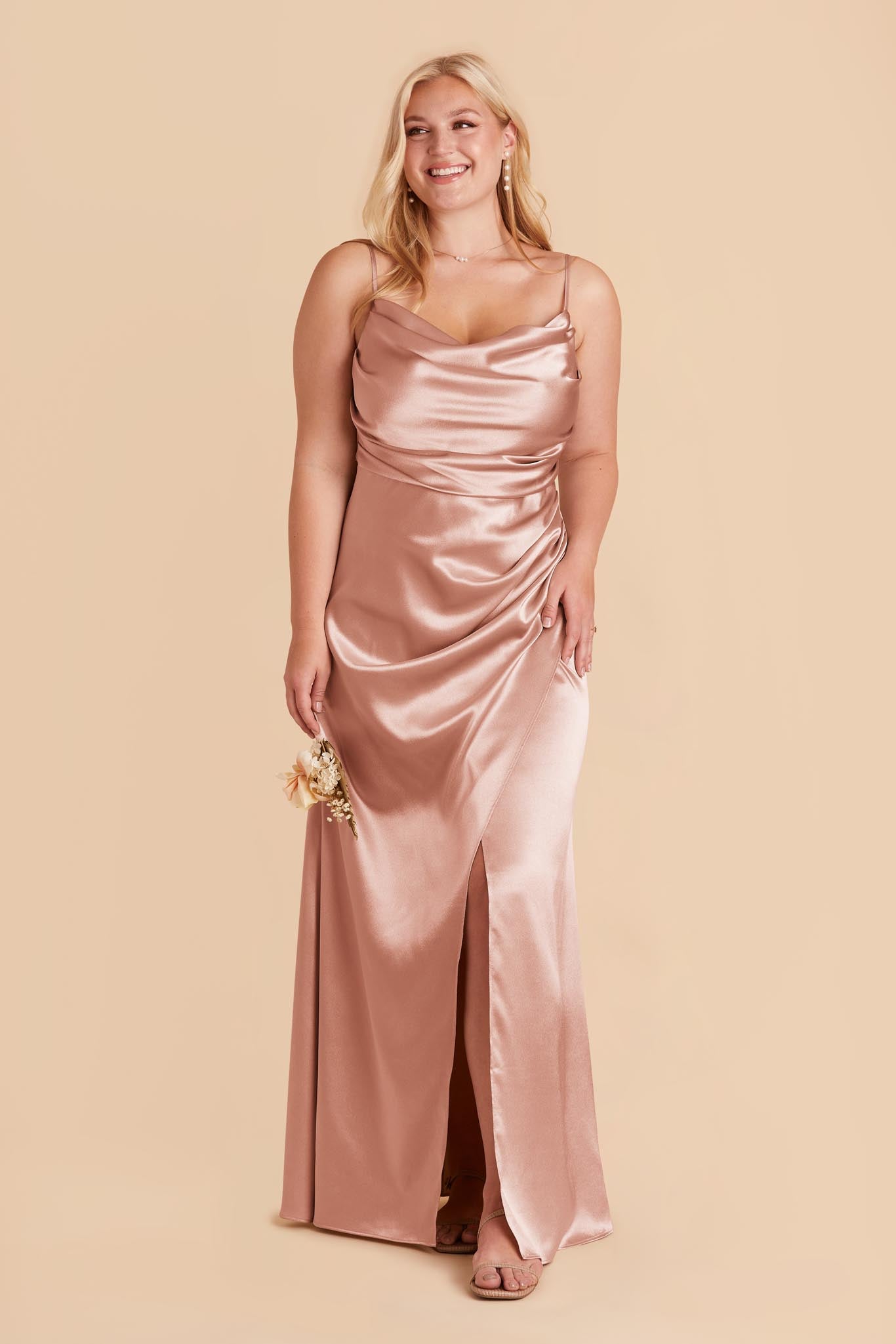 Lydia Shiny Satin Dress - Rose Gold