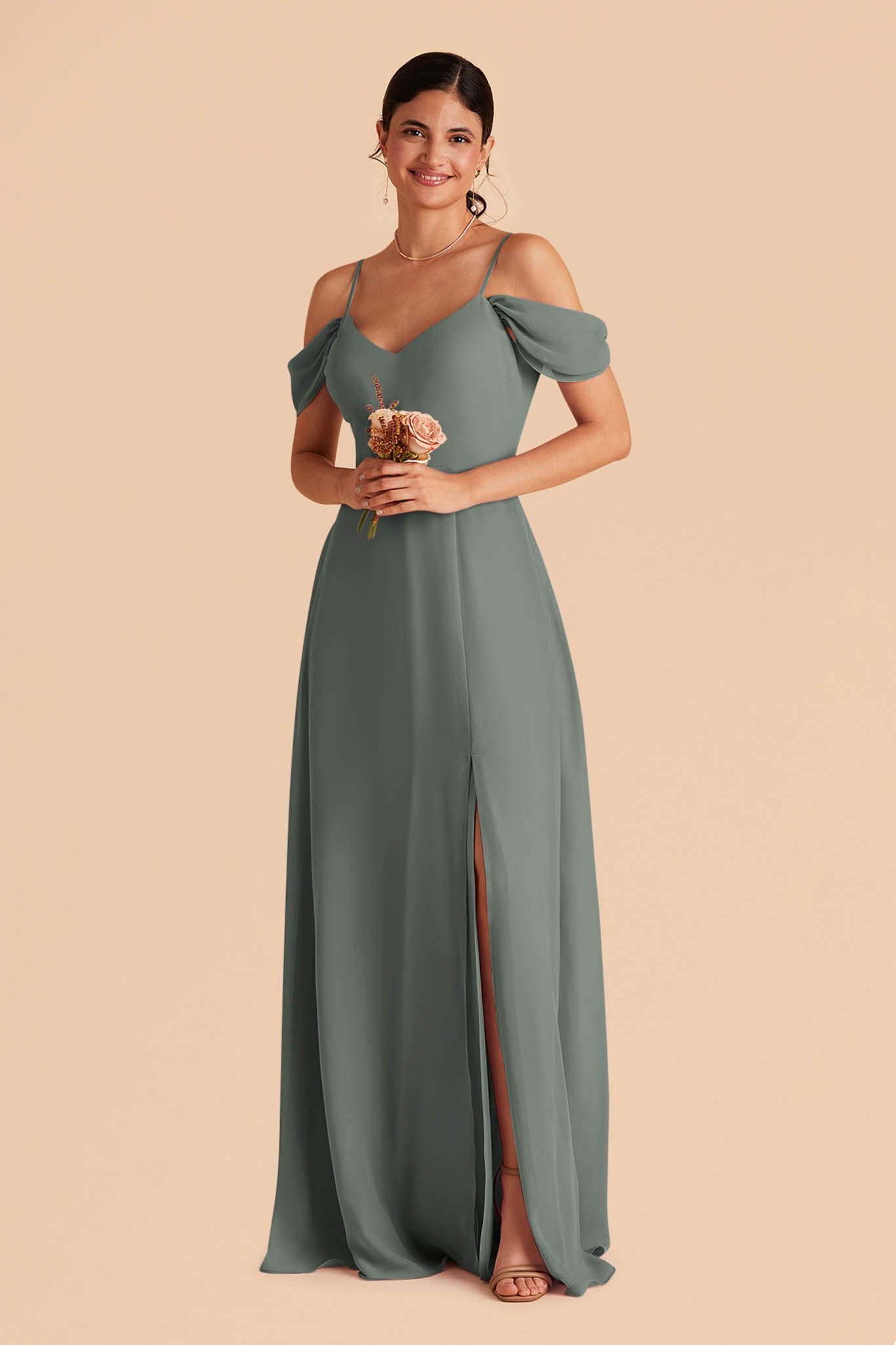Devin convertible bridesmaids dress in sea glass green chiffon by Birdy Grey, front view